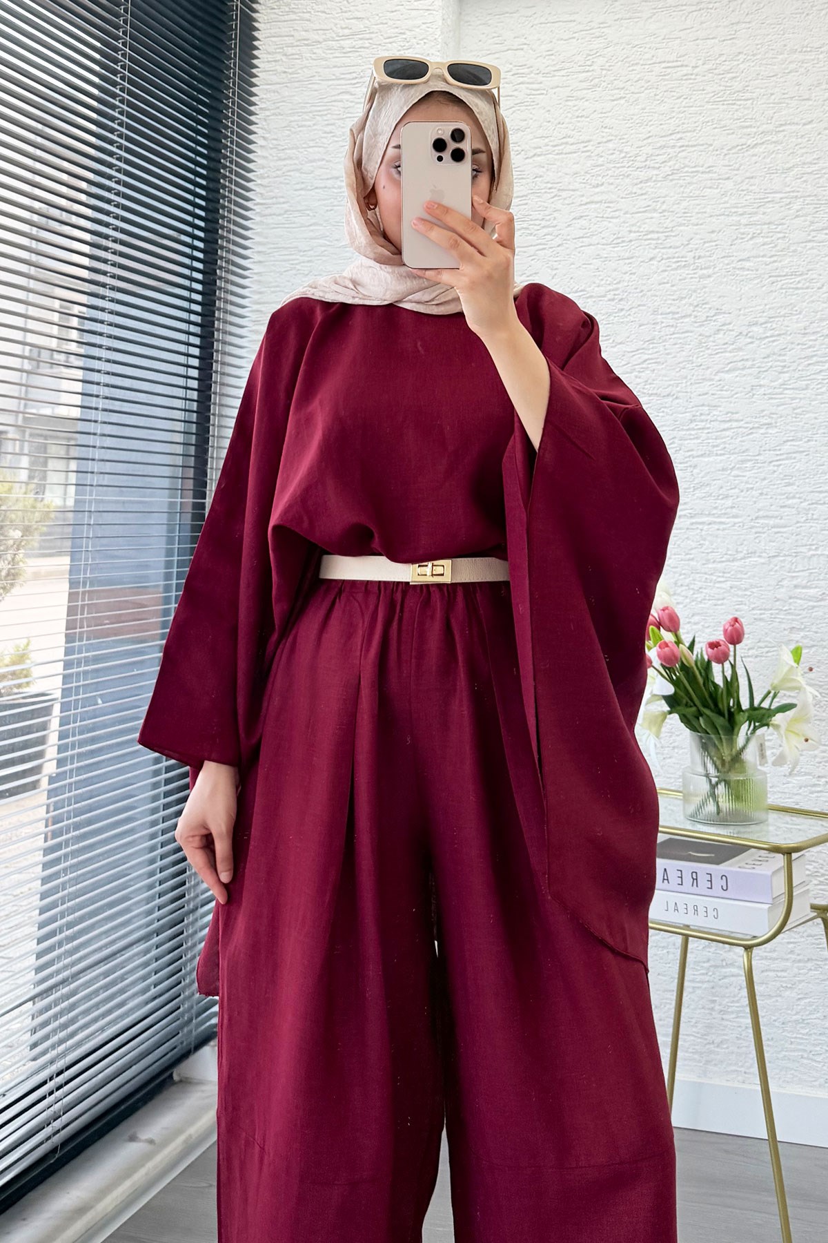 Premium Bella Yarasa Kol Keten Pantolon Takım - Bordo