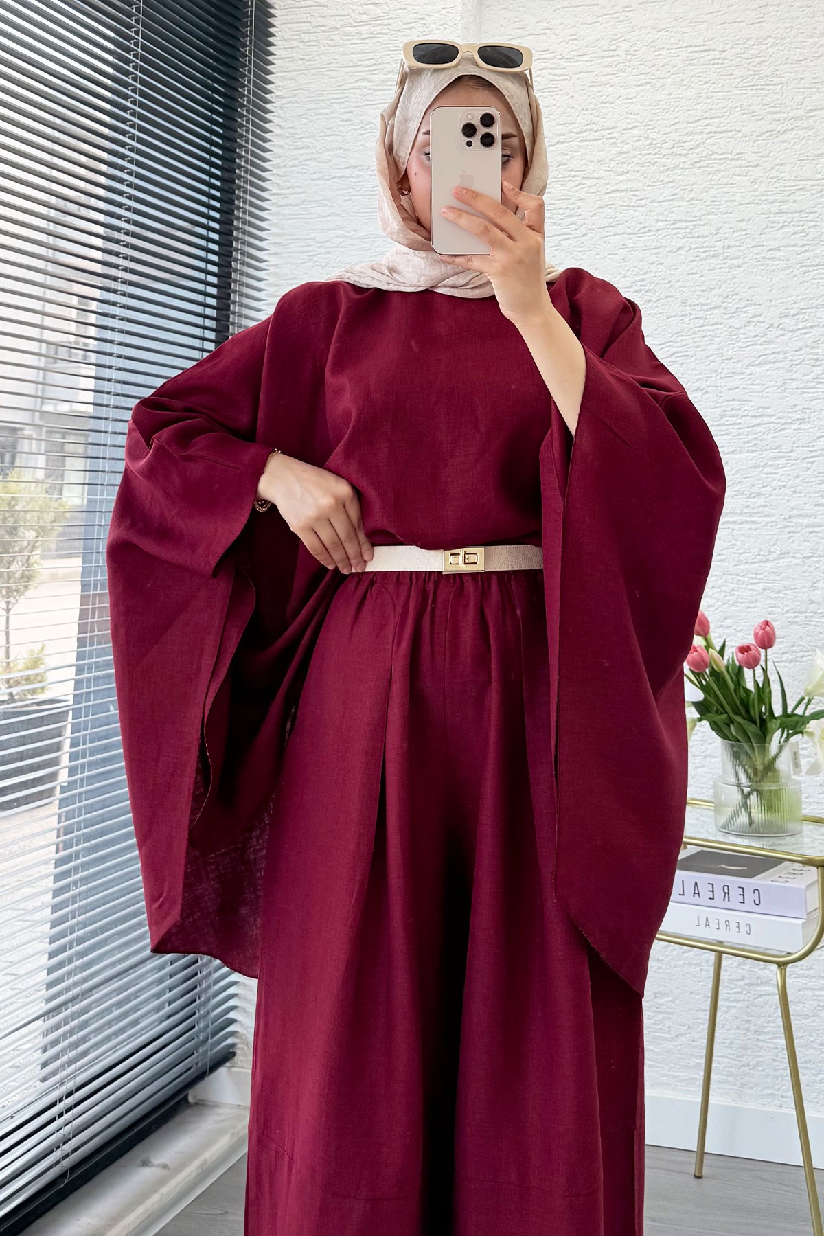 Premium Bella Yarasa Kol Keten Pantolon Takım - Bordo