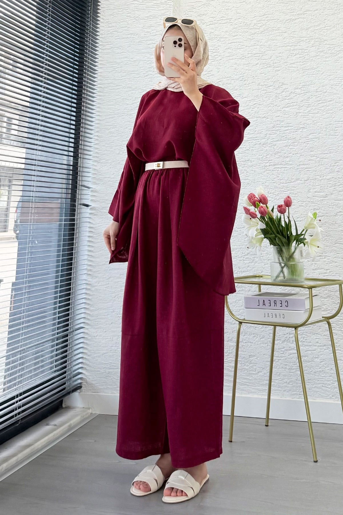 Premium Bella Yarasa Kol Keten Pantolon Takım - Bordo