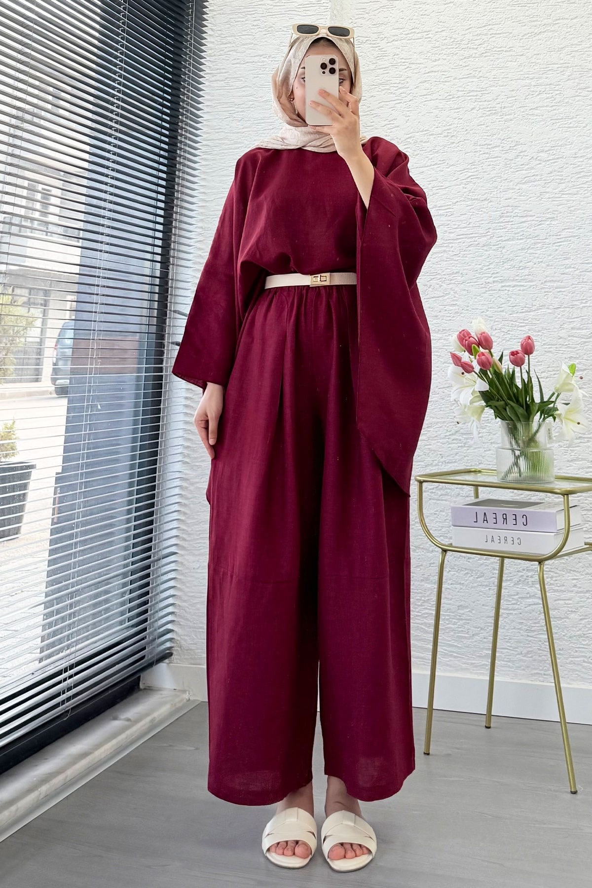 Premium Bella Yarasa Kol Keten Pantolon Takım - Bordo