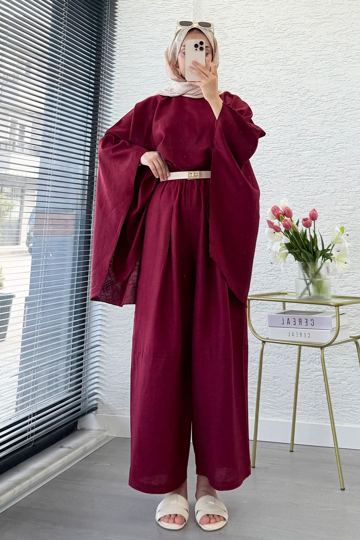 Premium Bella Yarasa Kol Keten Pantolon Takım - Bordo