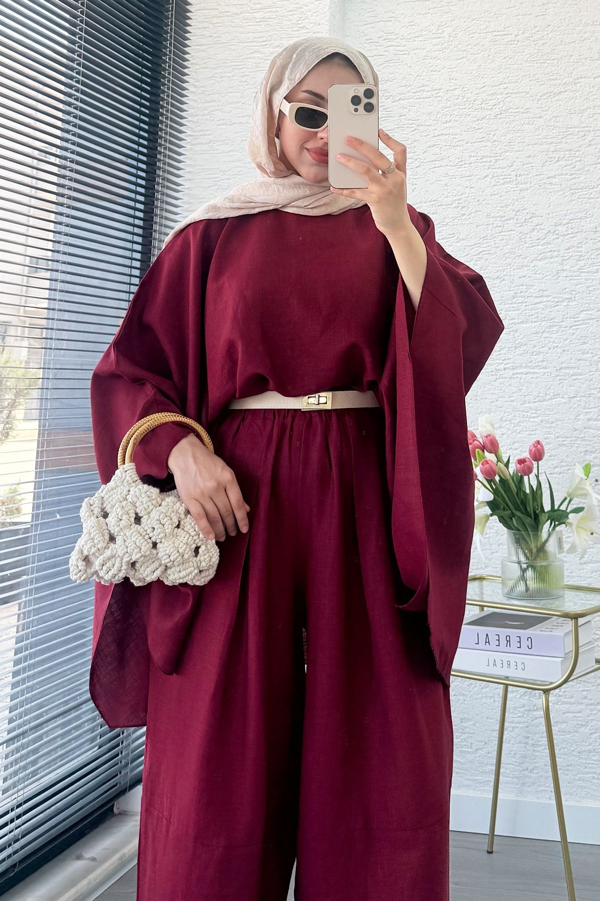 Premium Bella Yarasa Kol Keten Pantolon Takım - Bordo