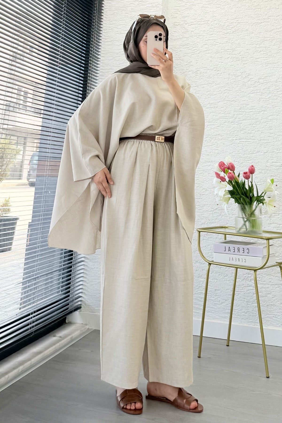Premium Bella Yarasa Kol Keten Pantolon Takım - Taş