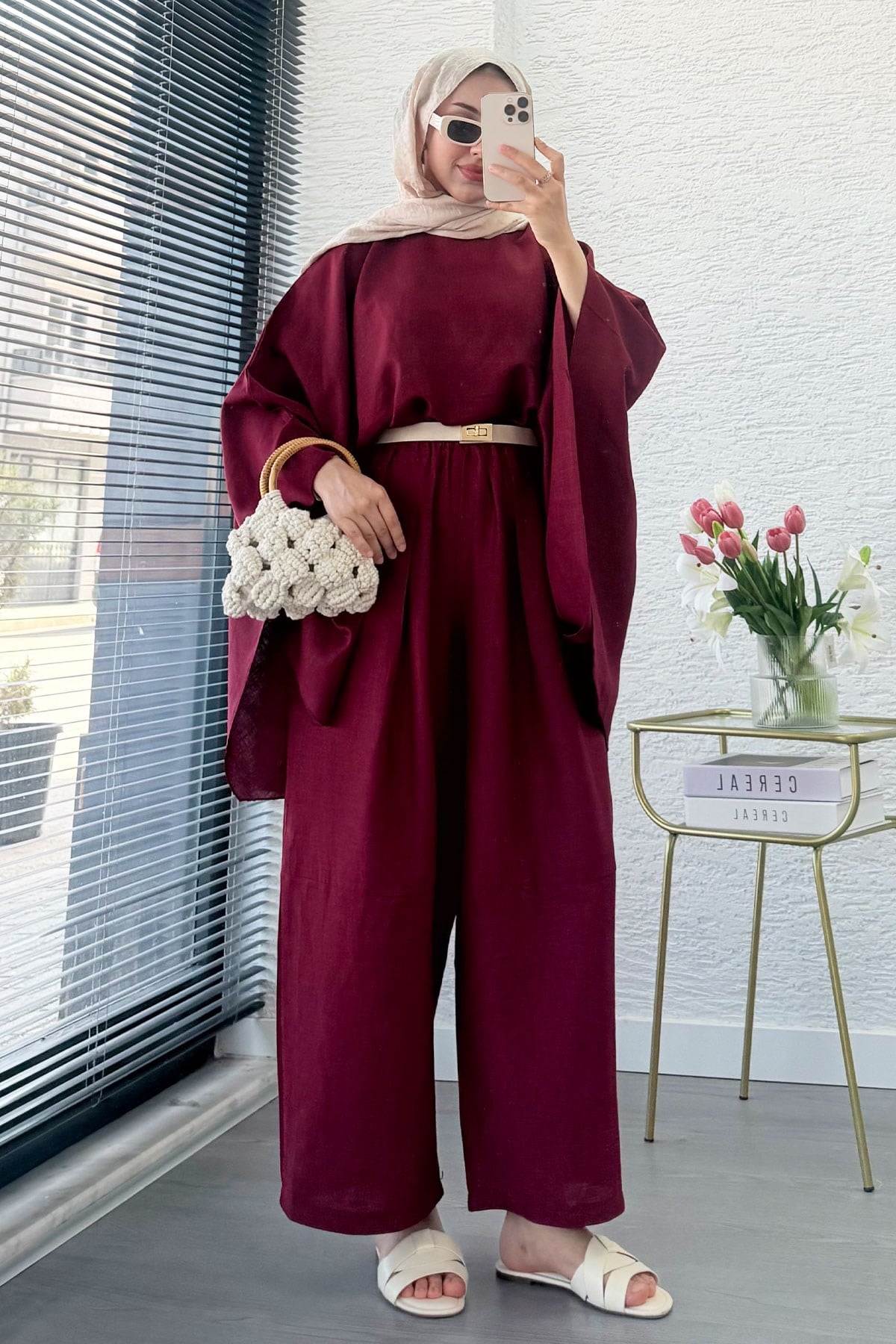 Premium Bella Yarasa Kol Keten Pantolon Takım - Bordo