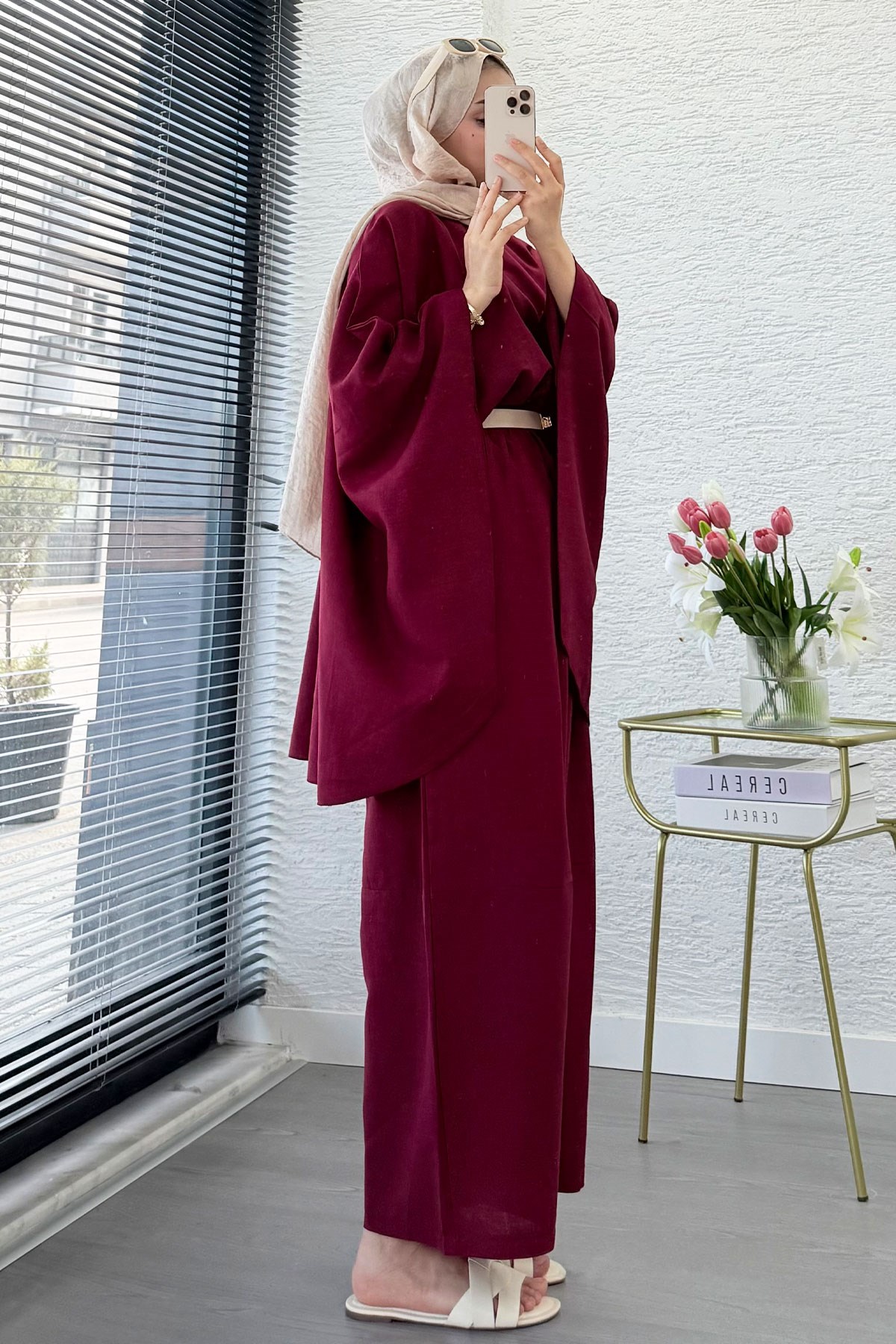 Premium Bella Yarasa Kol Keten Pantolon Takım - Bordo