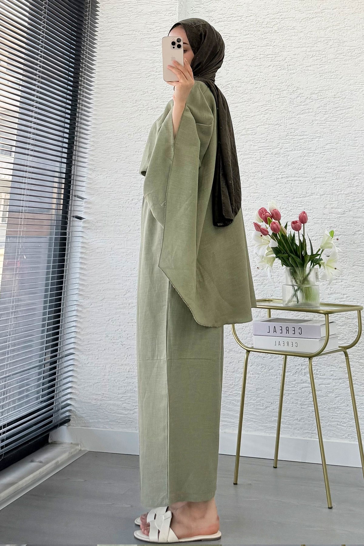 Premium Bella Yarasa Kol Keten Pantolon Takım - Haki