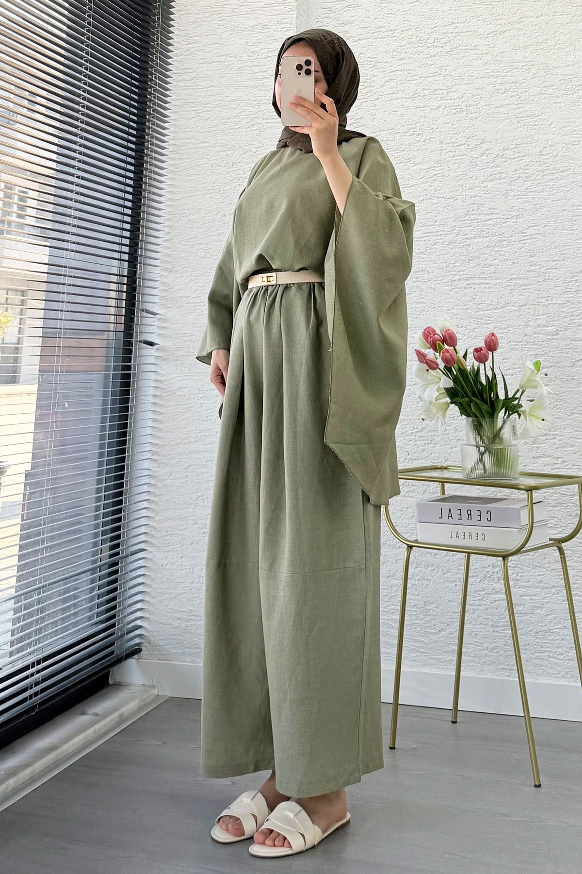 Premium Bella Yarasa Kol Keten Pantolon Takım - Haki