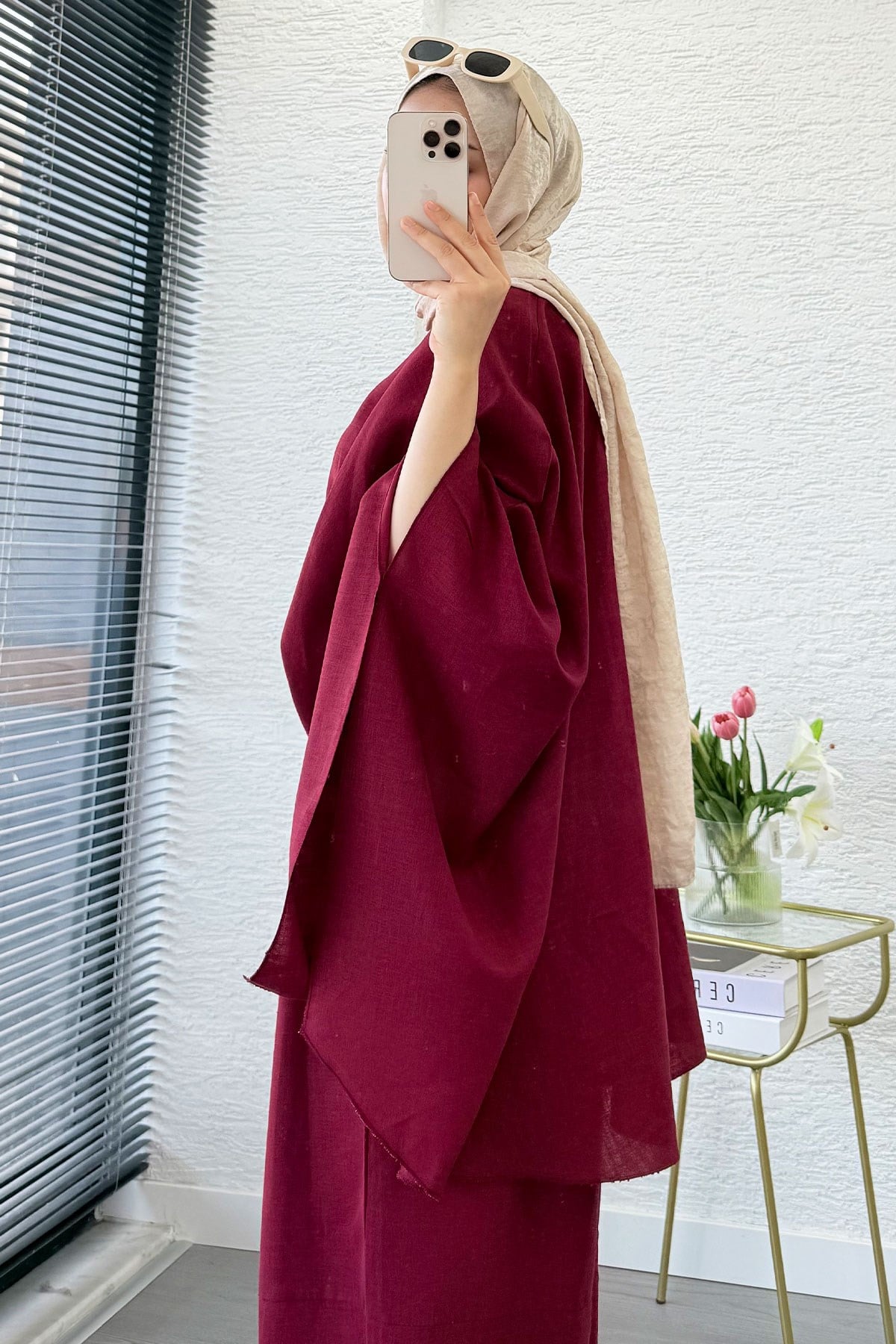 Premium Bella Yarasa Kol Keten Pantolon Takım - Bordo