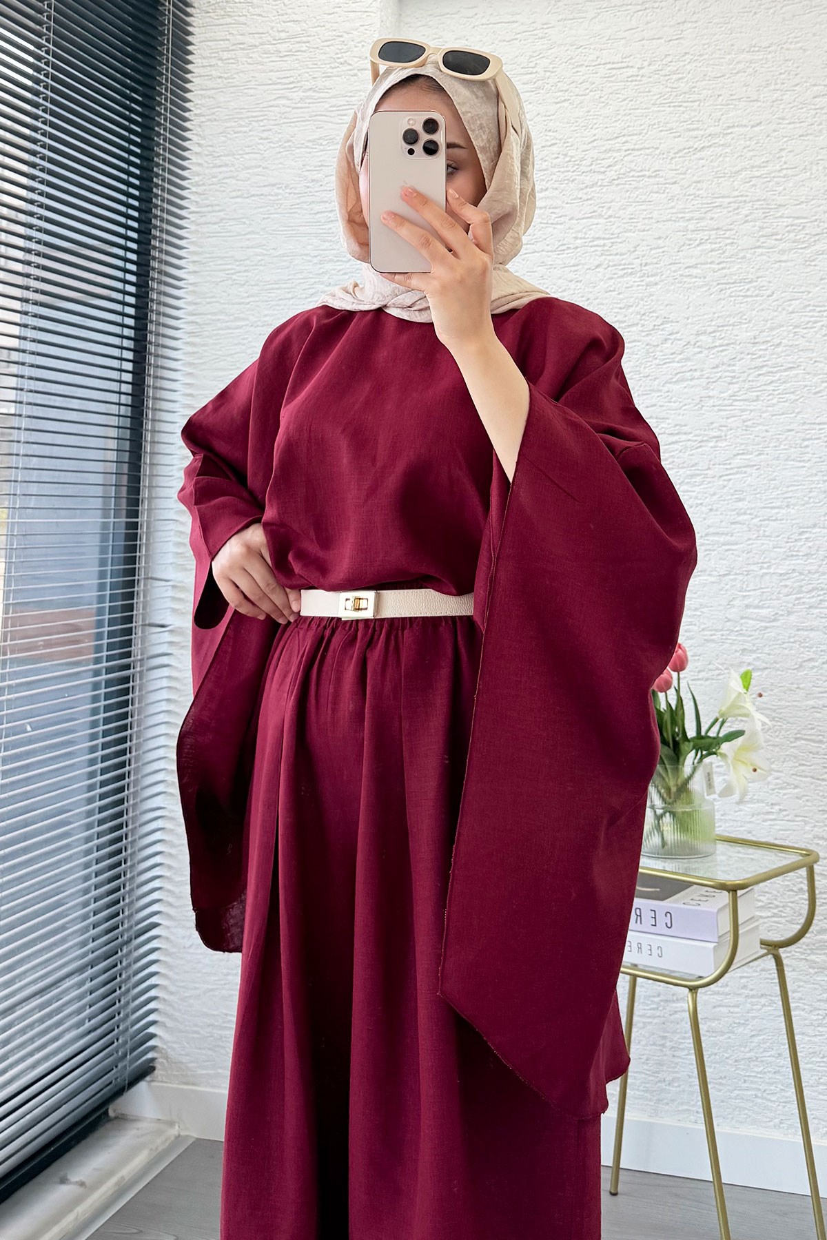Premium Bella Yarasa Kol Keten Pantolon Takım - Bordo