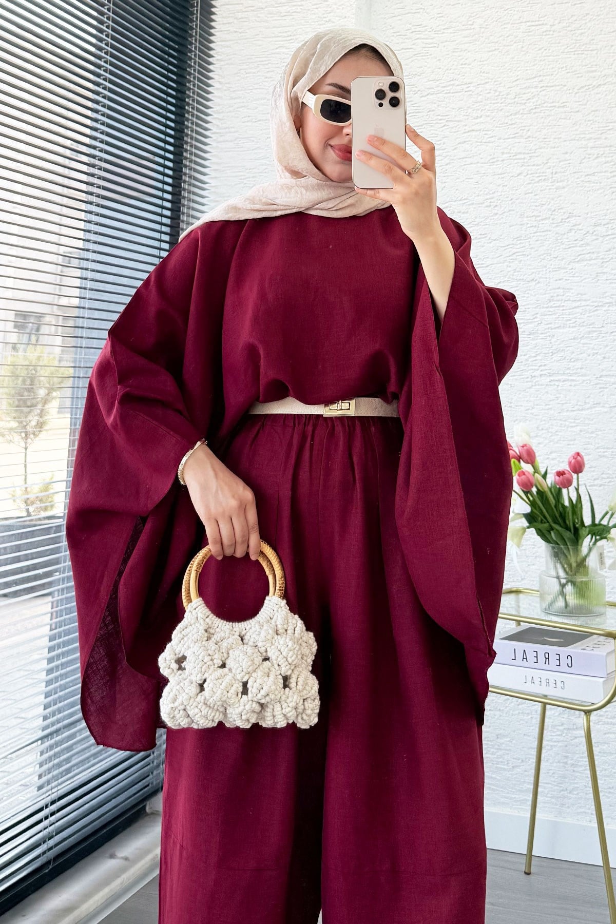 Premium Bella Yarasa Kol Keten Pantolon Takım - Bordo