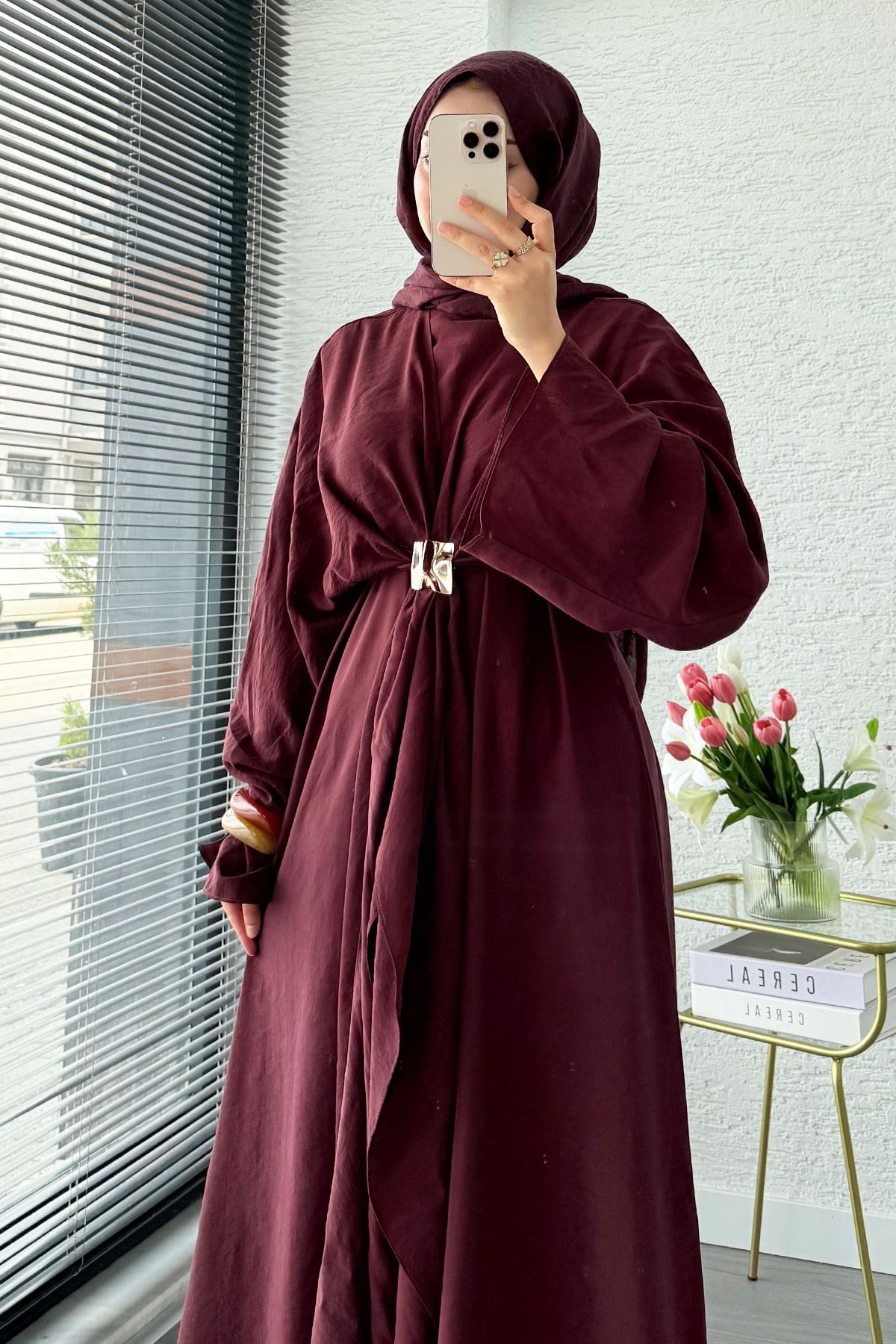 Premium Bronş Detaylı Modal Kimono Elbise - Bordo