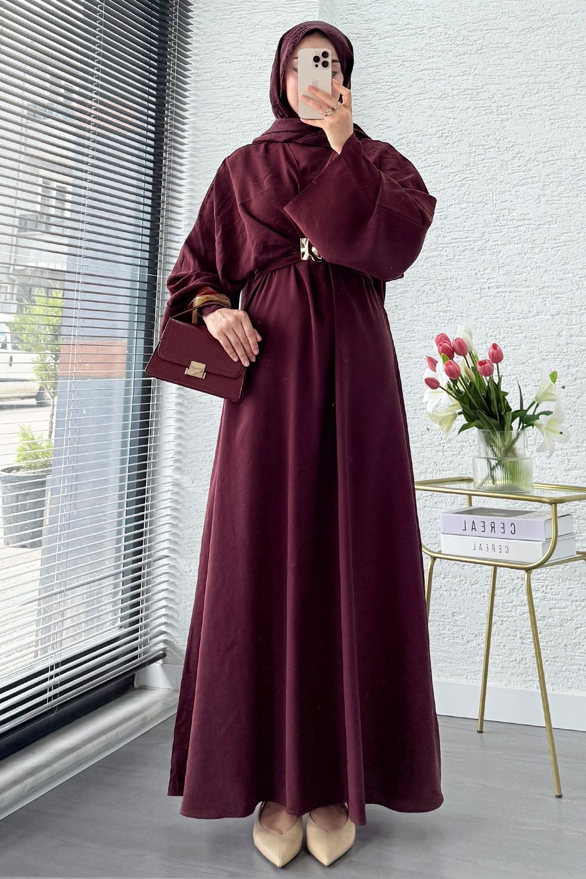 Premium Bronş Detaylı Modal Kimono Elbise - Bordo
