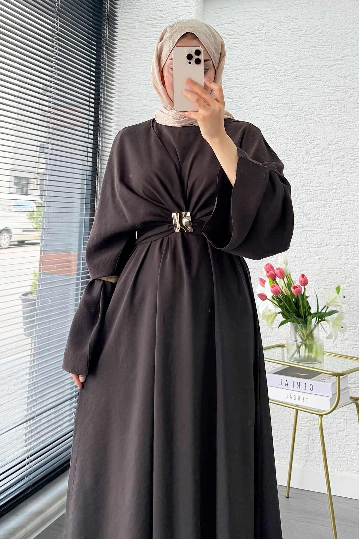 Premium Bronş Detaylı Modal Kimono Elbise - Kahverengi
