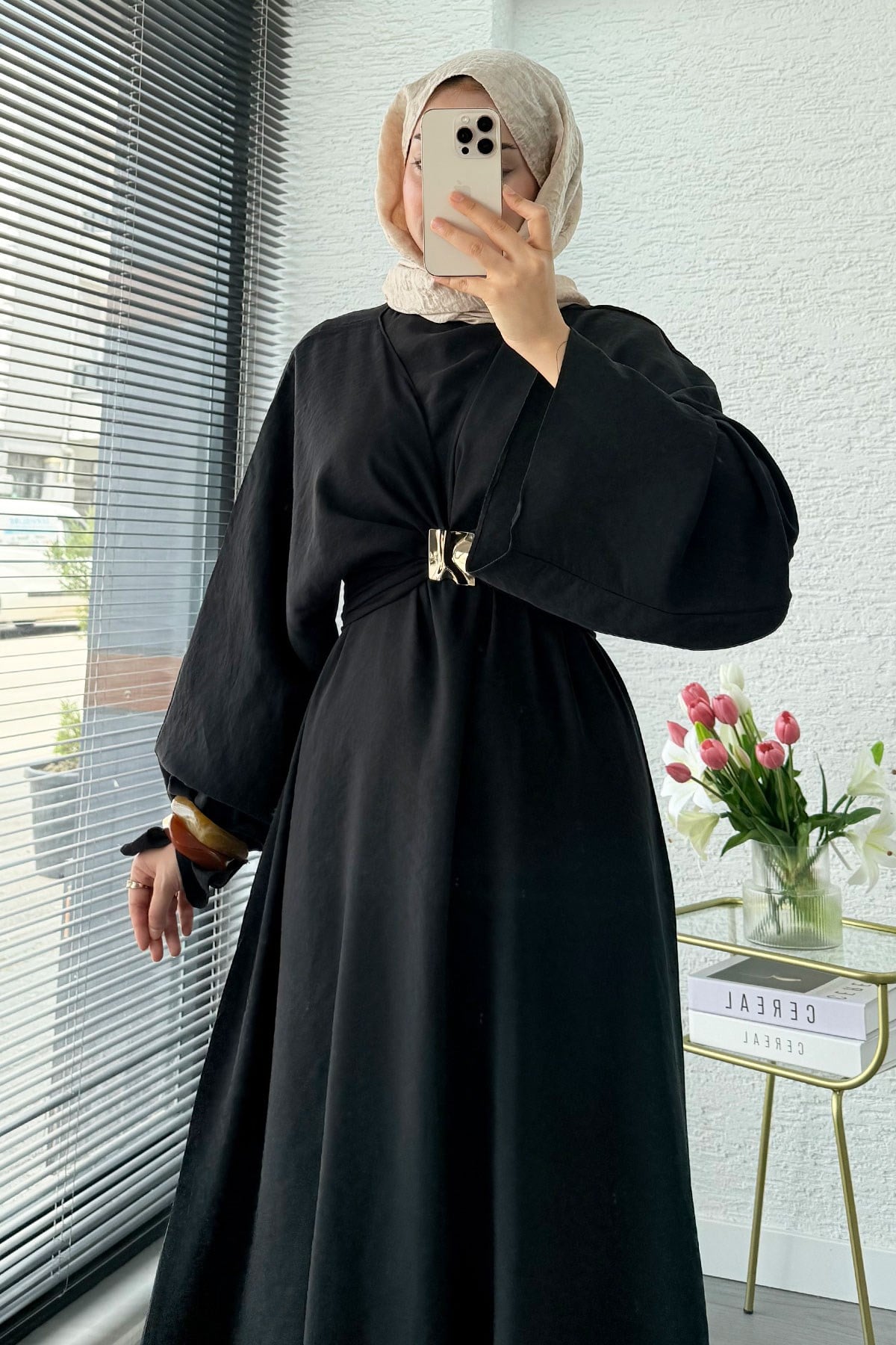 Premium Bronş Detaylı Modal Kimono Elbise - Siyah