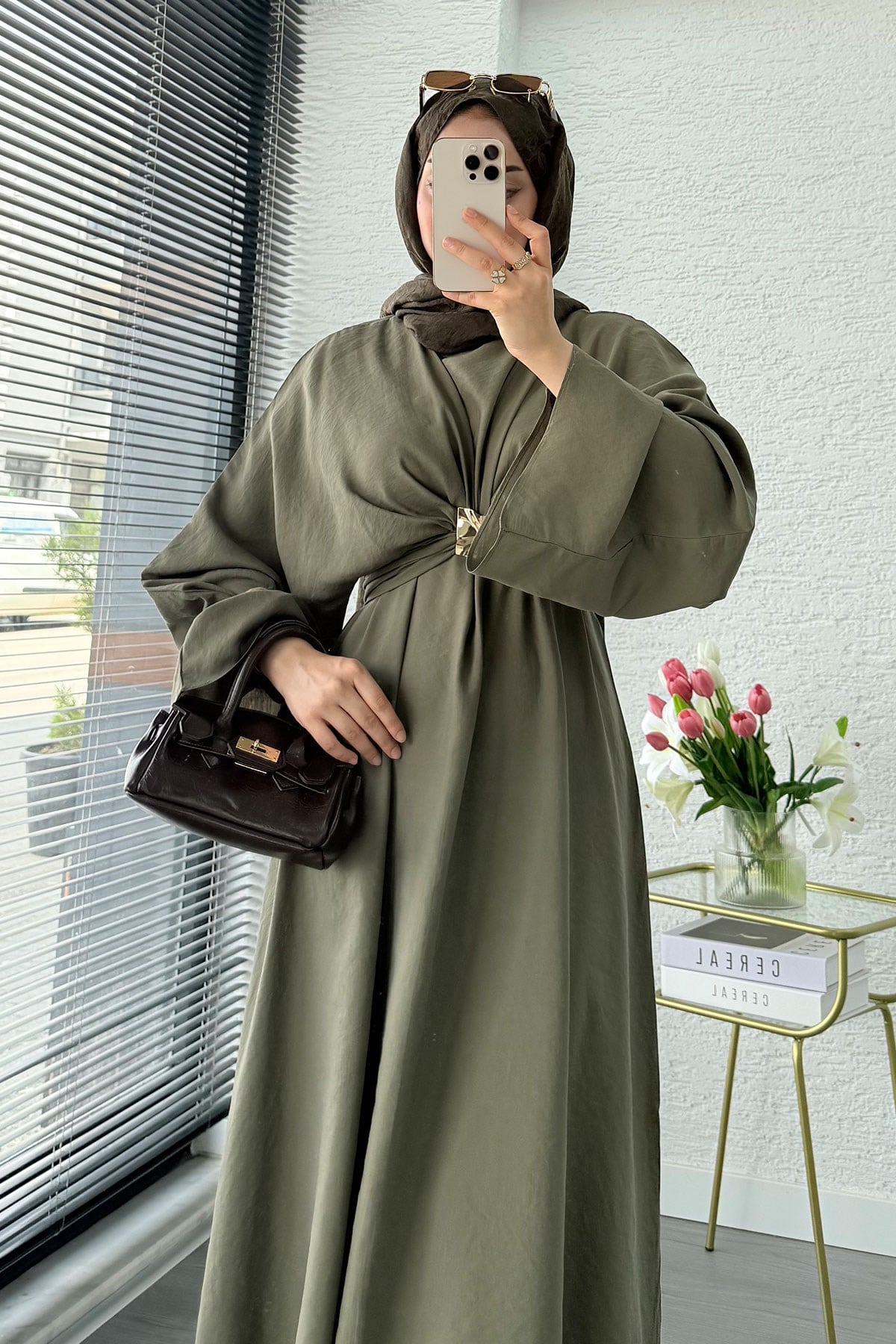 Premium Bronş Detaylı Modal Kimono Elbise - Haki