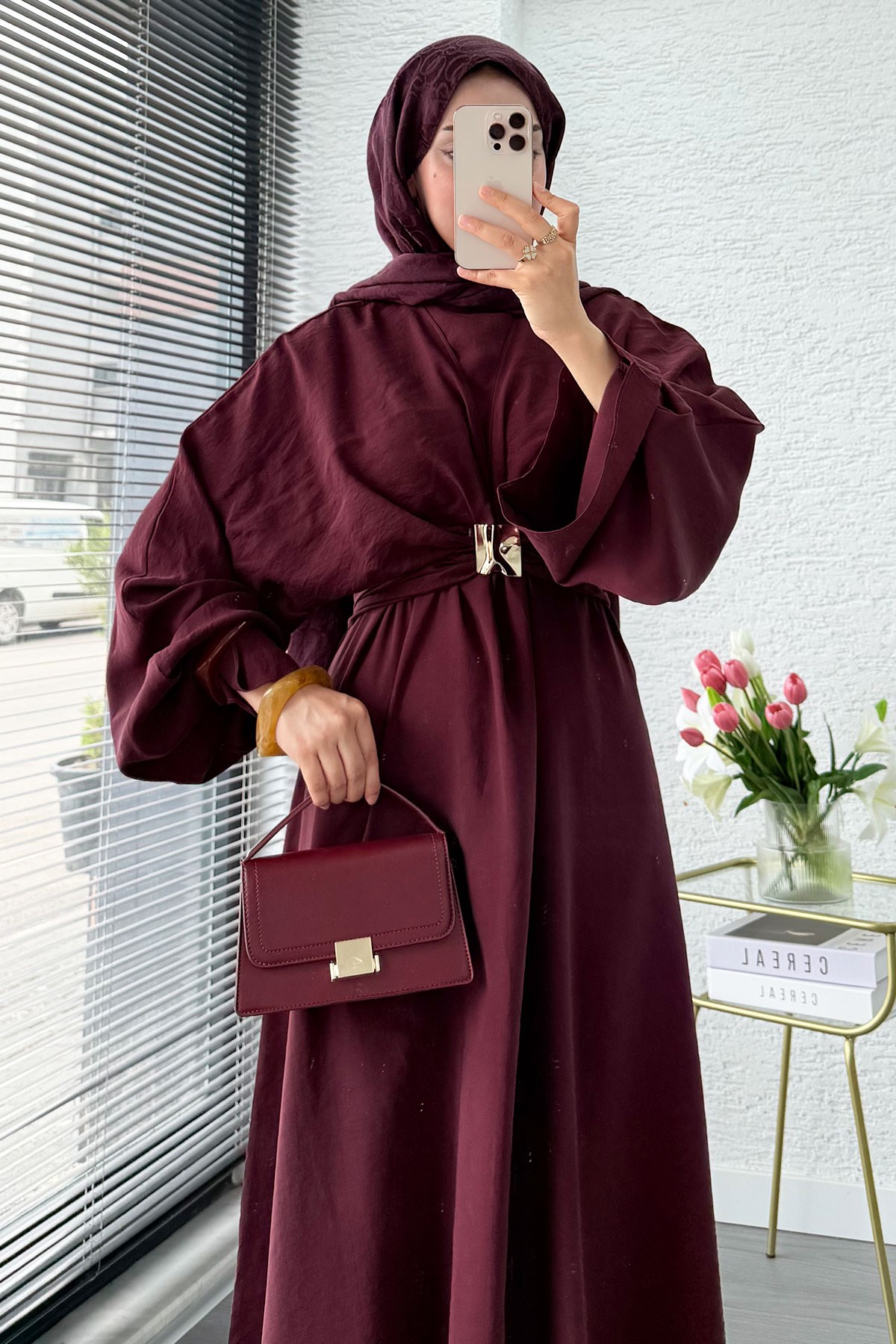 Premium Bronş Detaylı Modal Kimono Elbise - Bordo