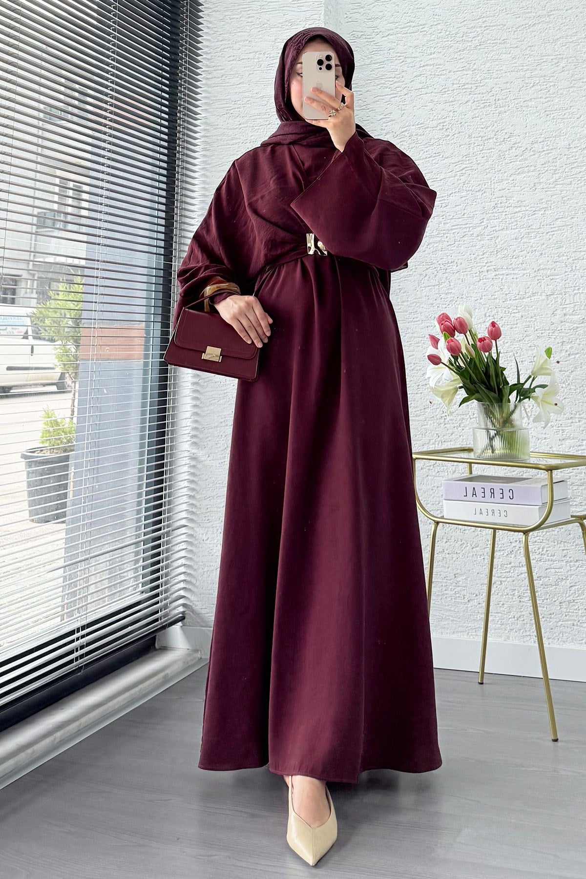 Premium Bronş Detaylı Modal Kimono Elbise - Bordo