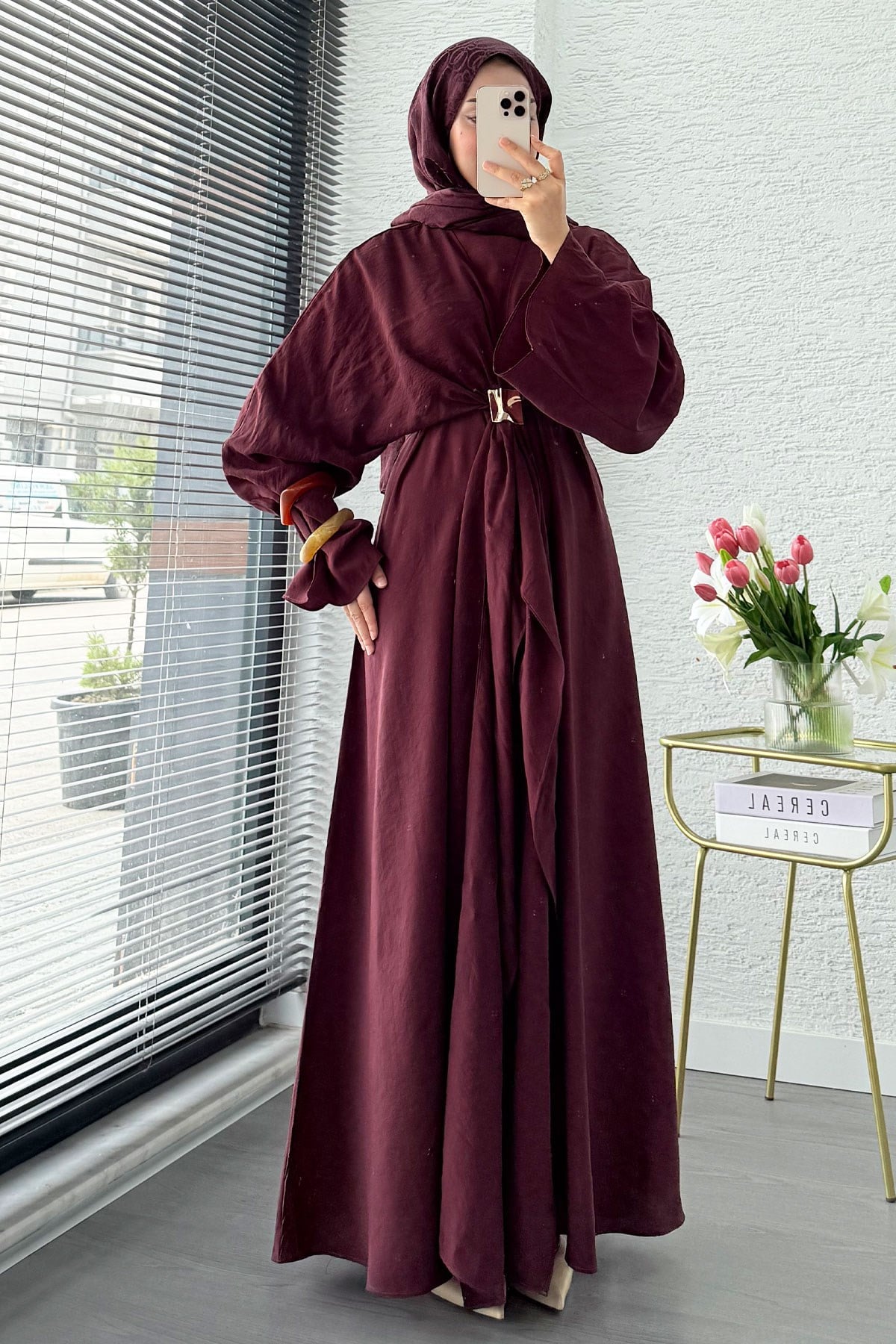 Premium Bronş Detaylı Modal Kimono Elbise - Bordo