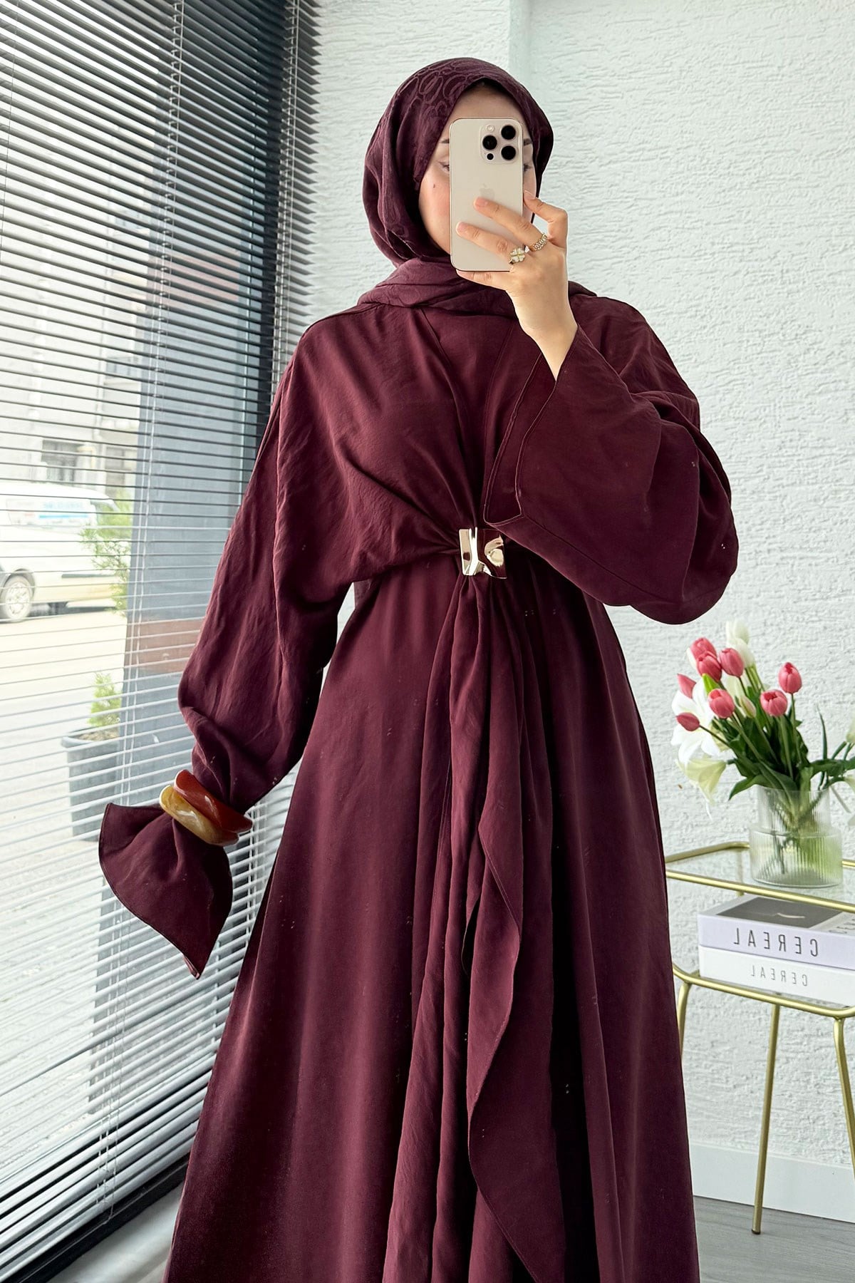 Premium Bronş Detaylı Modal Kimono Elbise - Bordo