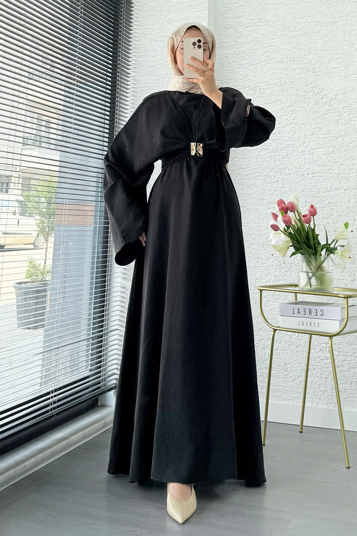 Premium Bronş Detaylı Modal Kimono Elbise - Siyah
