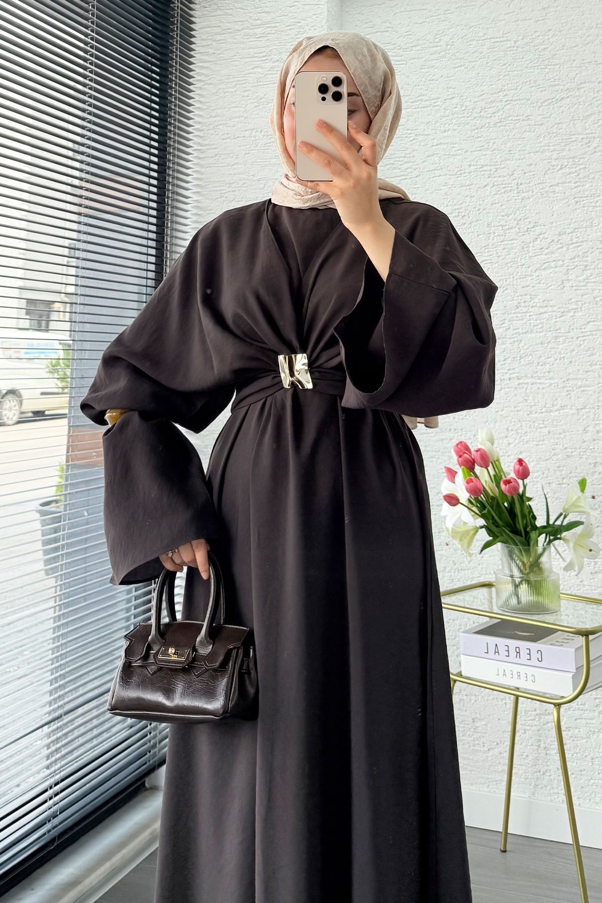 Premium Bronş Detaylı Modal Kimono Elbise - Kahverengi