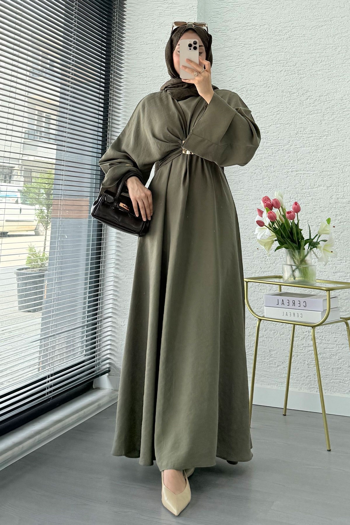 Premium Bronş Detaylı Modal Kimono Elbise - Haki