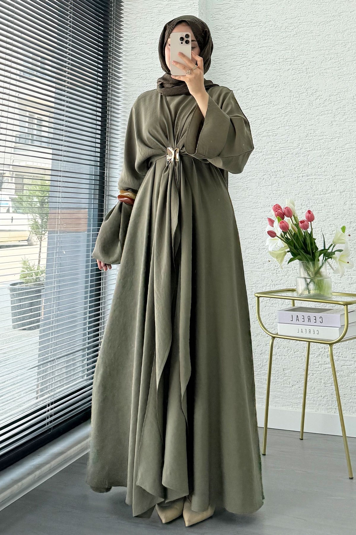 Premium Bronş Detaylı Modal Kimono Elbise - Haki