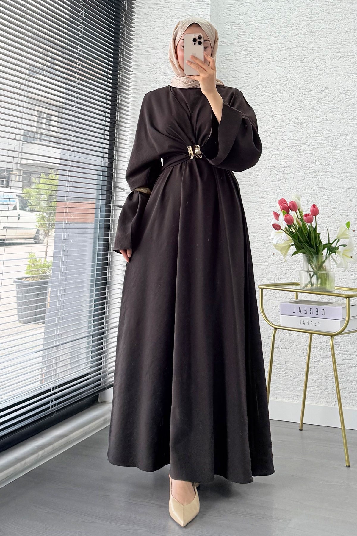 Premium Bronş Detaylı Modal Kimono Elbise - Kahverengi