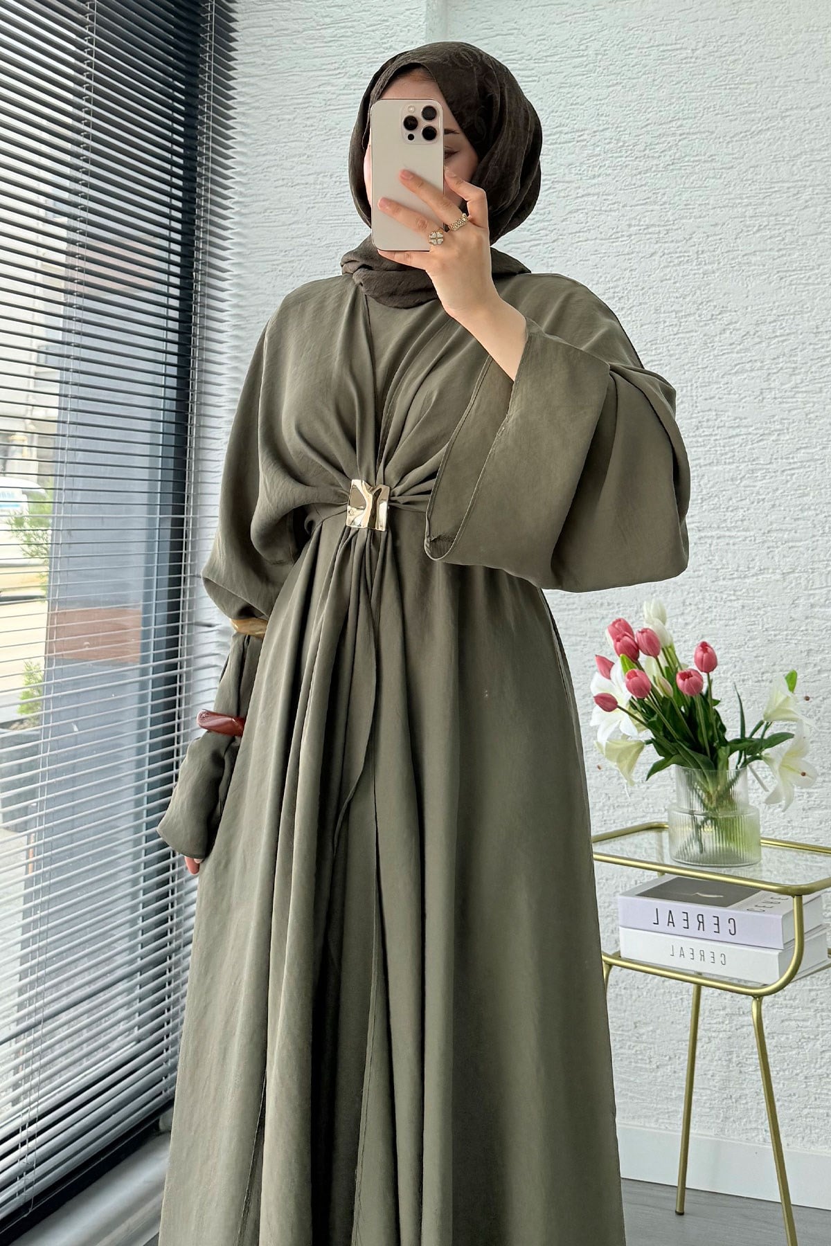 Premium Bronş Detaylı Modal Kimono Elbise - Haki