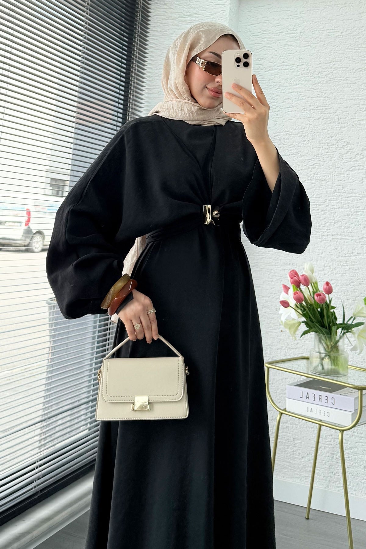 Premium Bronş Detaylı Modal Kimono Elbise - Siyah