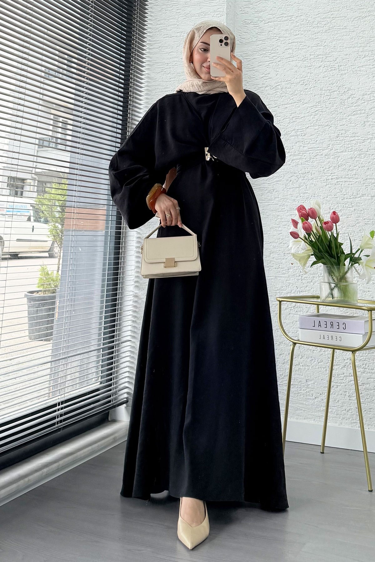 Premium Bronş Detaylı Modal Kimono Elbise - Siyah