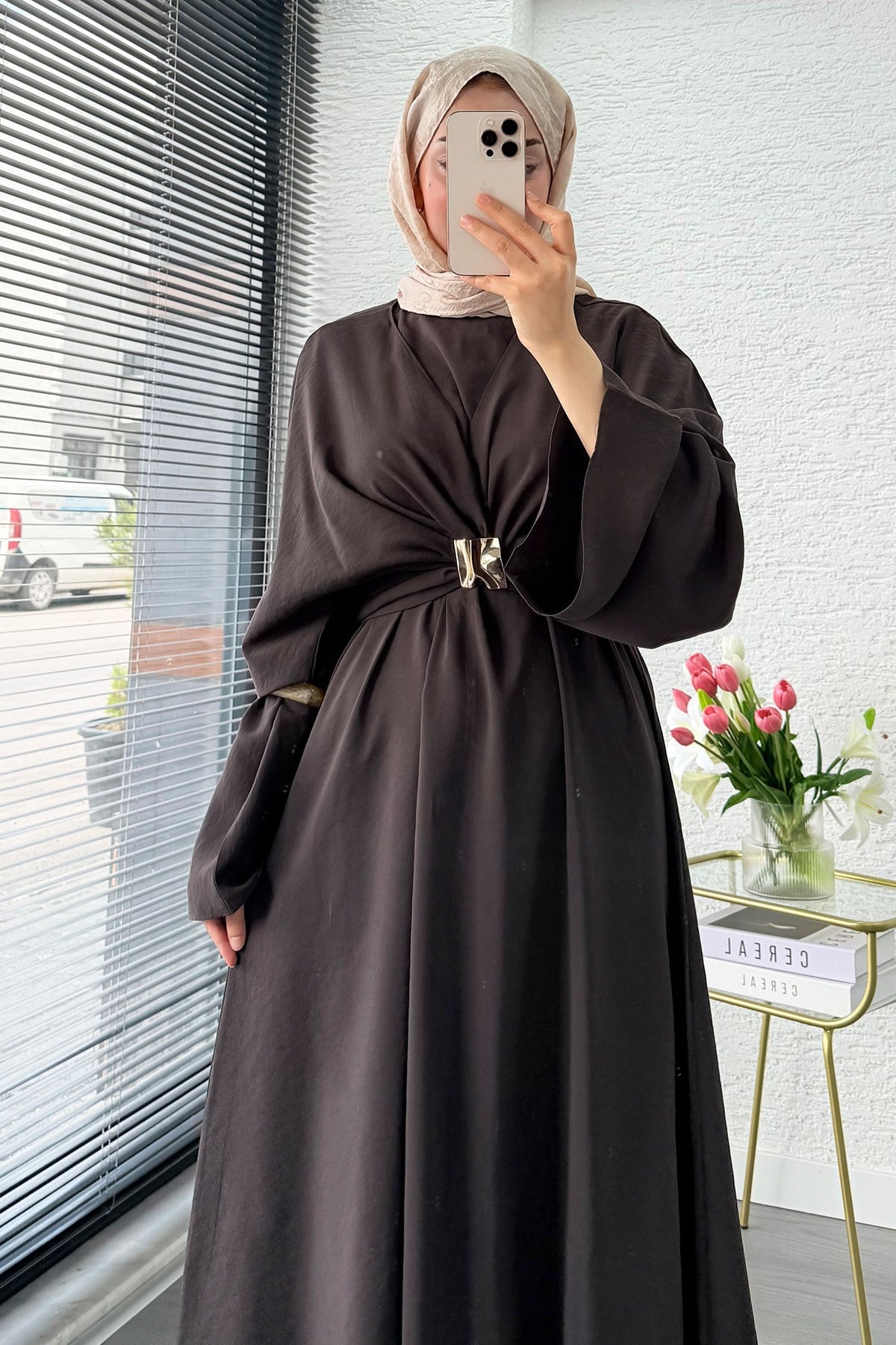 Premium Bronş Detaylı Modal Kimono Elbise - Kahverengi