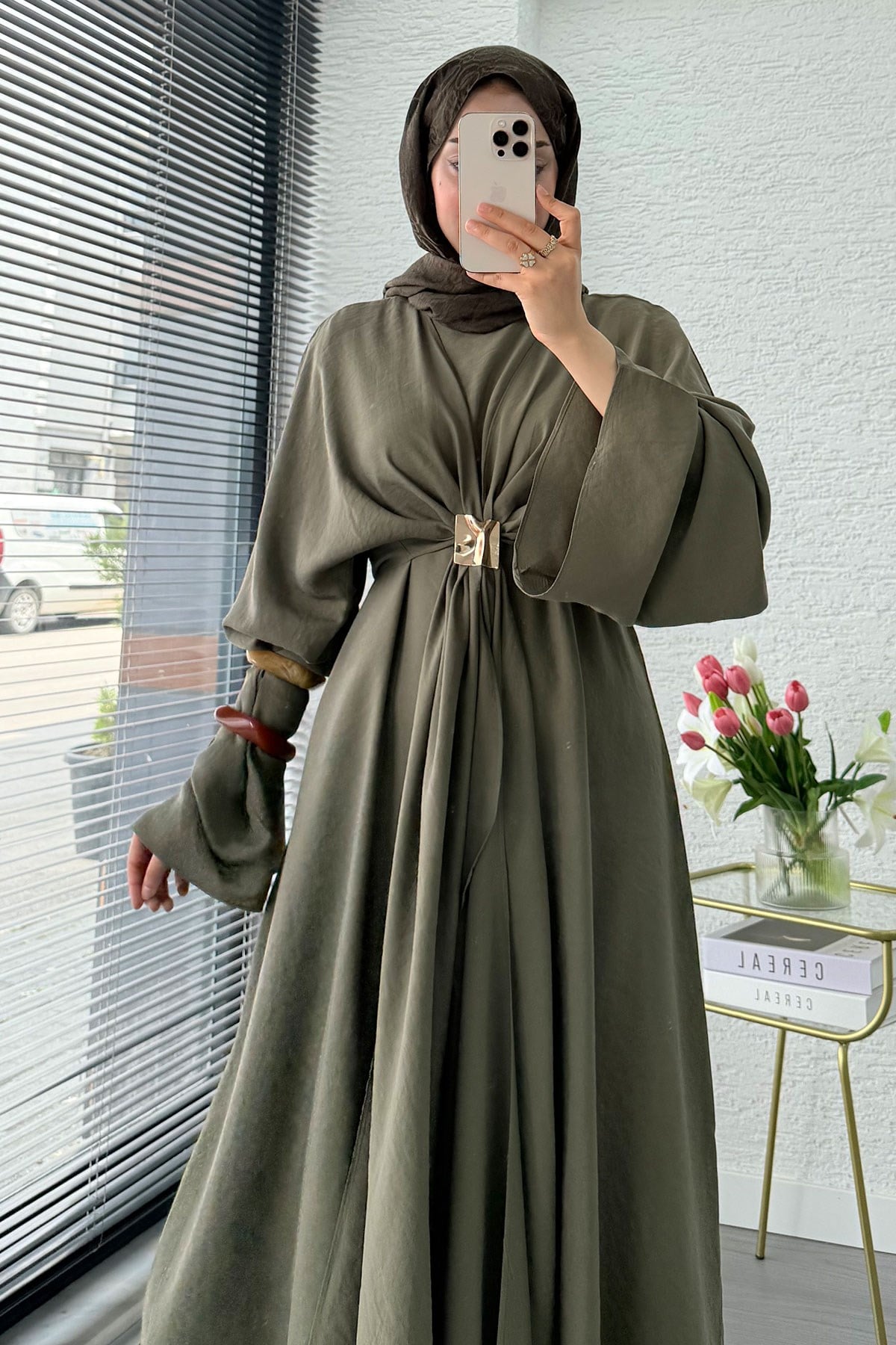 Premium Bronş Detaylı Modal Kimono Elbise - Haki