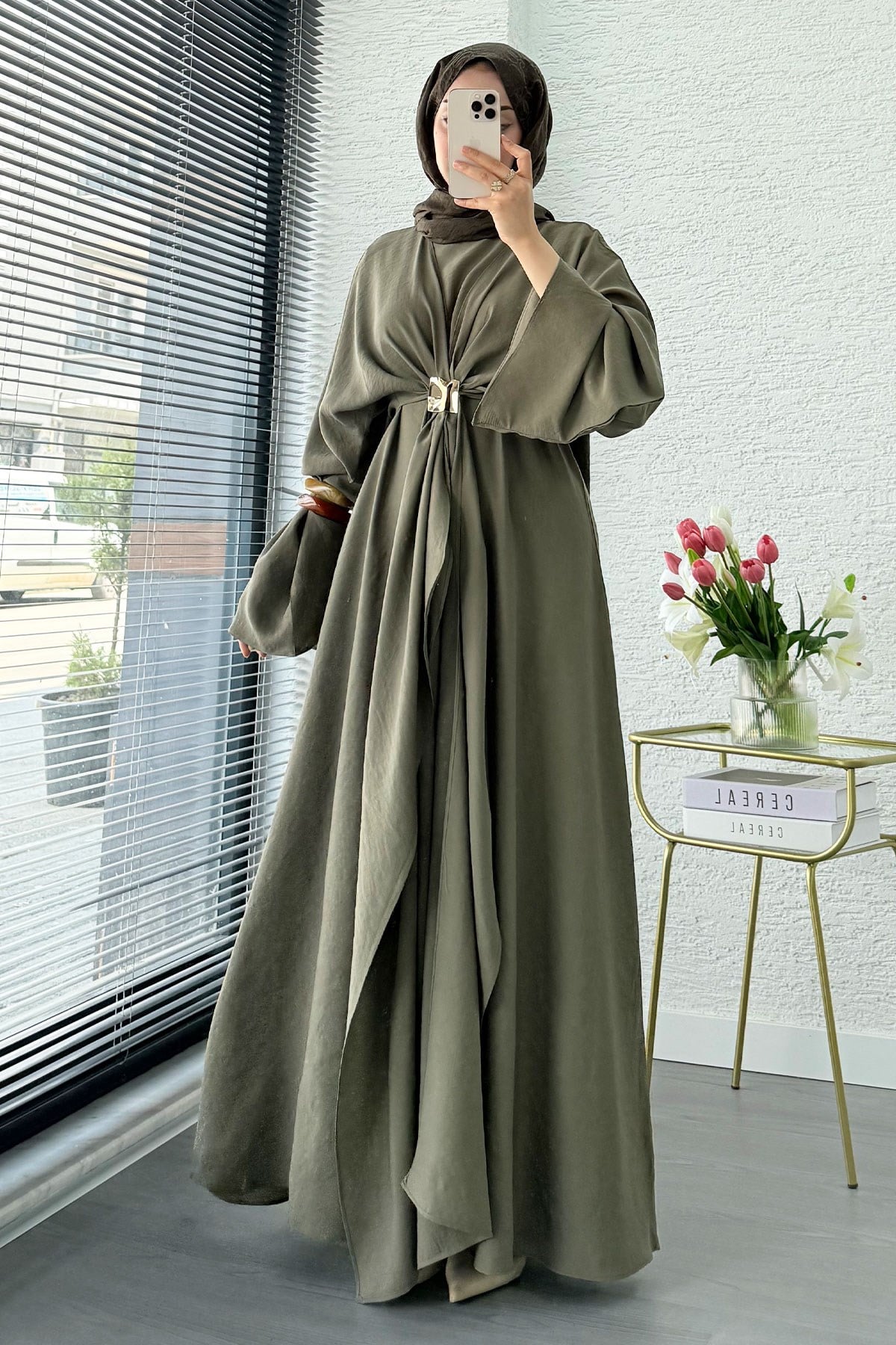 Premium Bronş Detaylı Modal Kimono Elbise - Haki