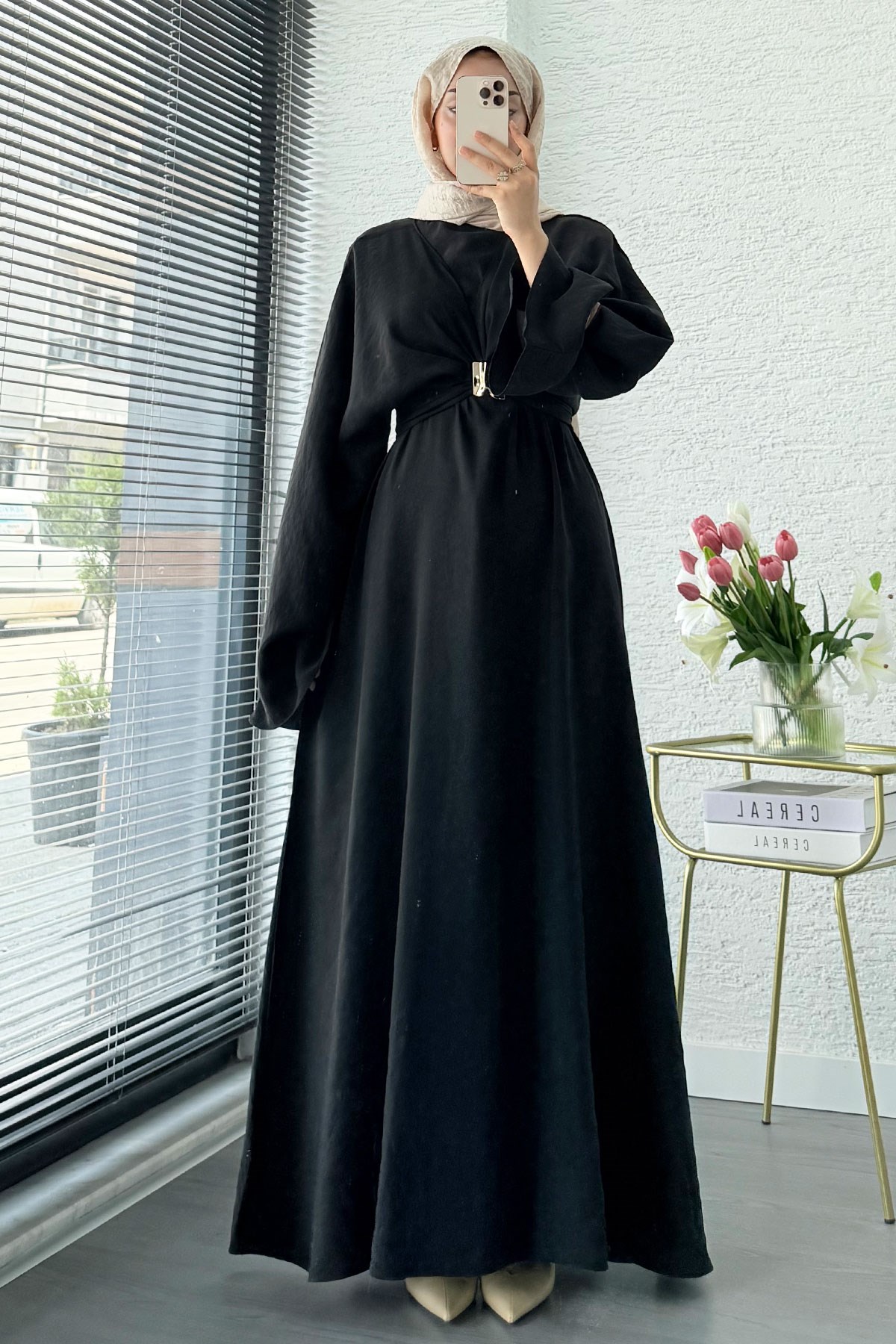 Premium Bronş Detaylı Modal Kimono Elbise - Siyah