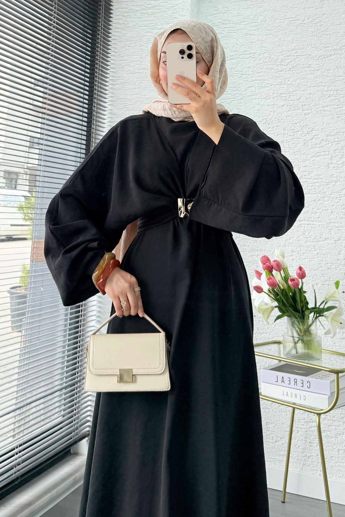 Premium Bronş Detaylı Modal Kimono Elbise - Siyah