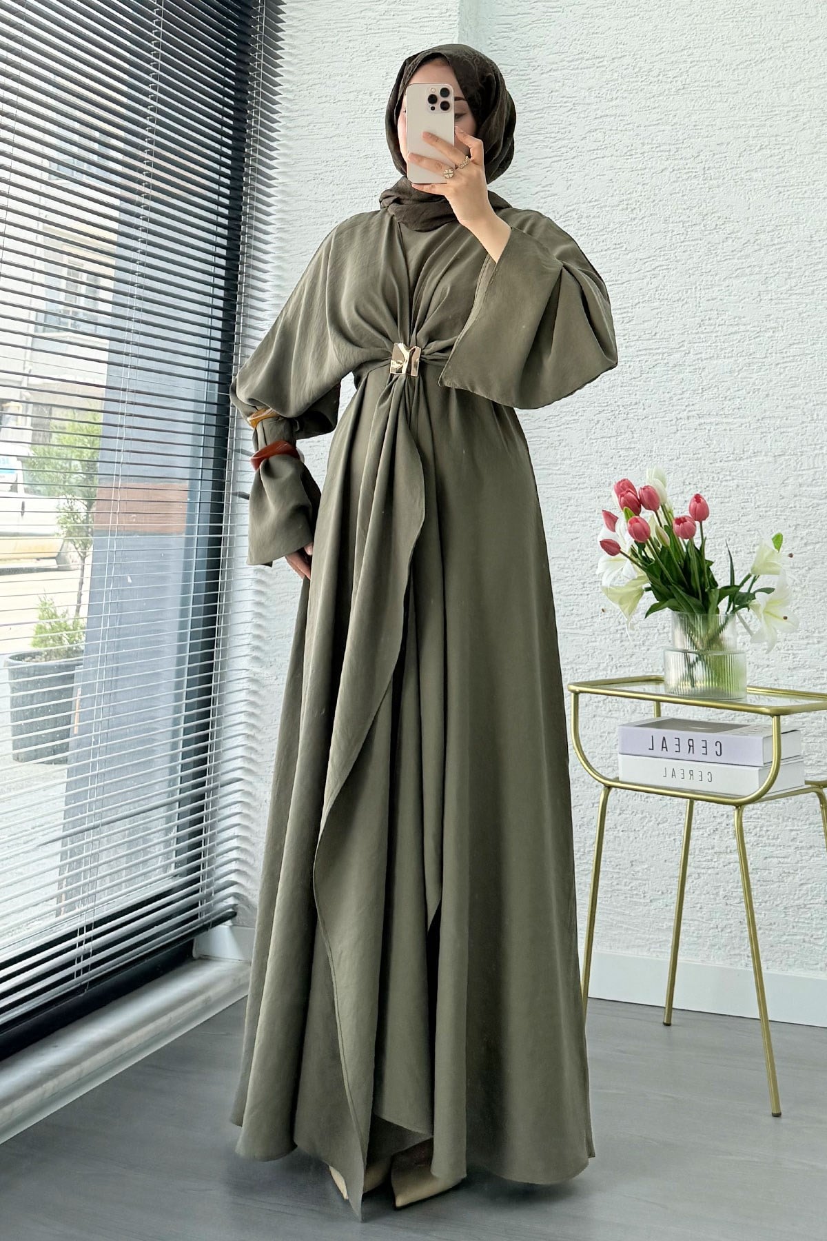 Premium Bronş Detaylı Modal Kimono Elbise - Haki
