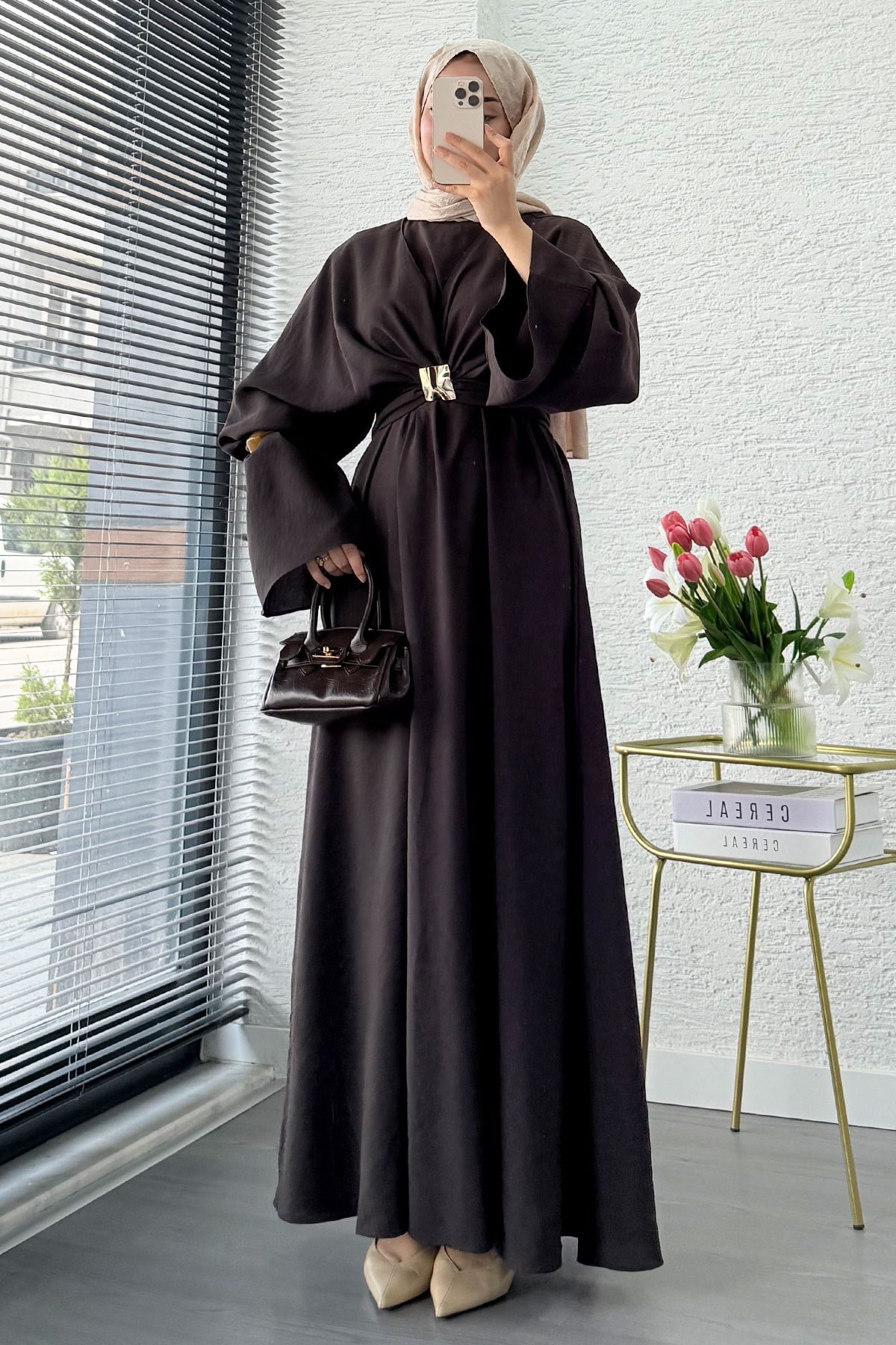 Premium Bronş Detaylı Modal Kimono Elbise - Kahverengi