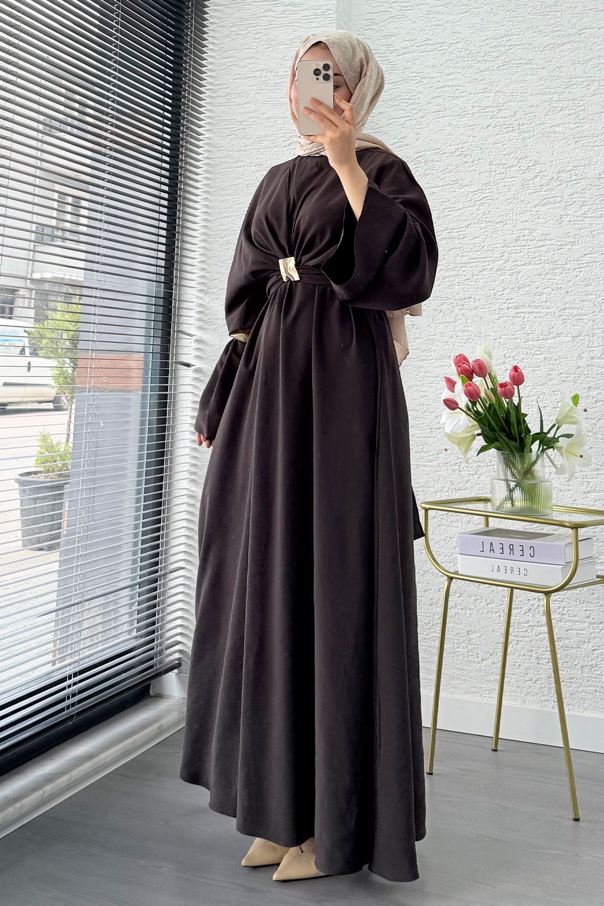 Premium Bronş Detaylı Modal Kimono Elbise - Kahverengi