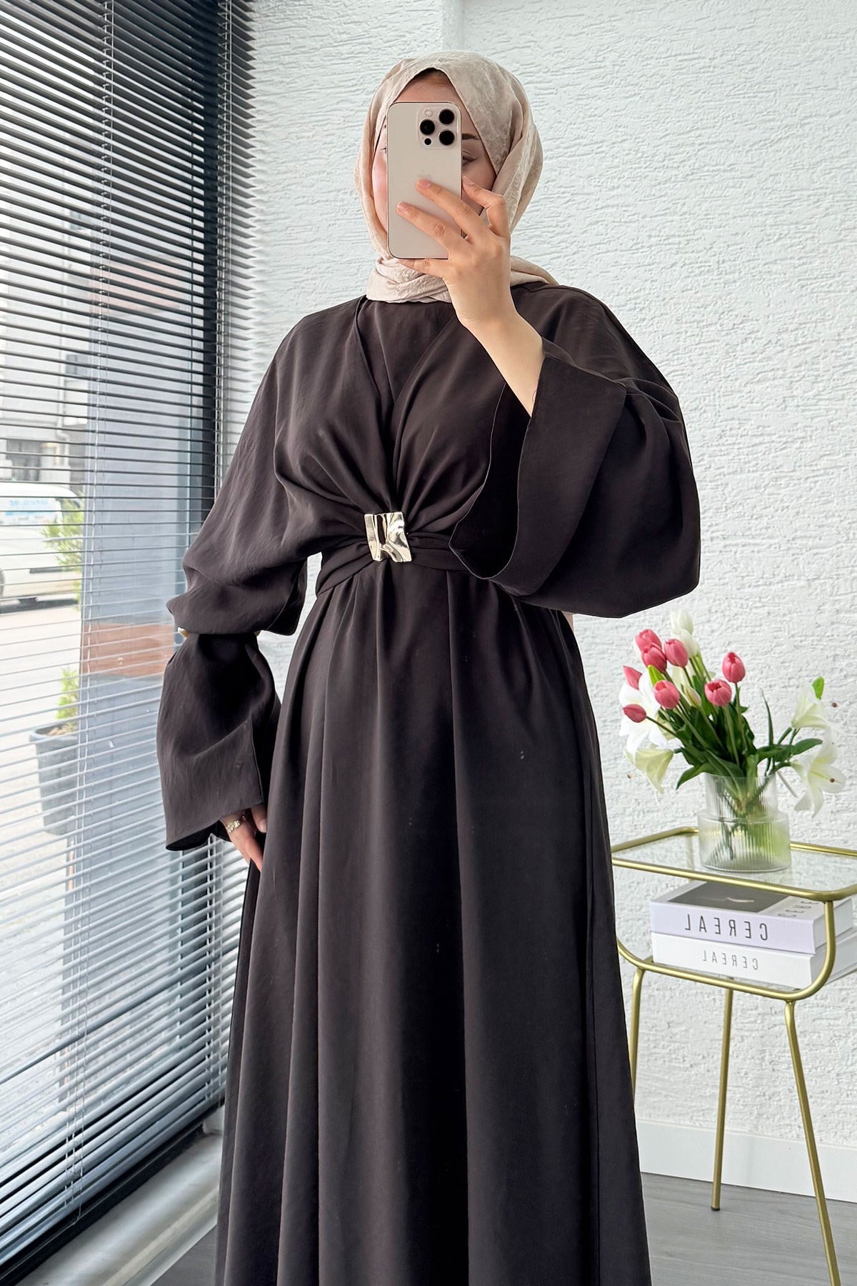 Premium Bronş Detaylı Modal Kimono Elbise - Kahverengi