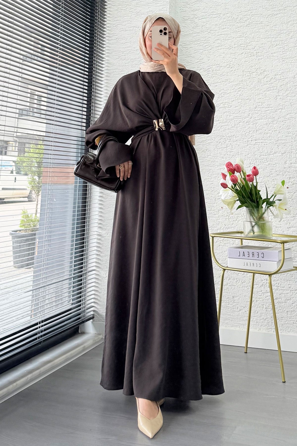 Premium Bronş Detaylı Modal Kimono Elbise - Kahverengi