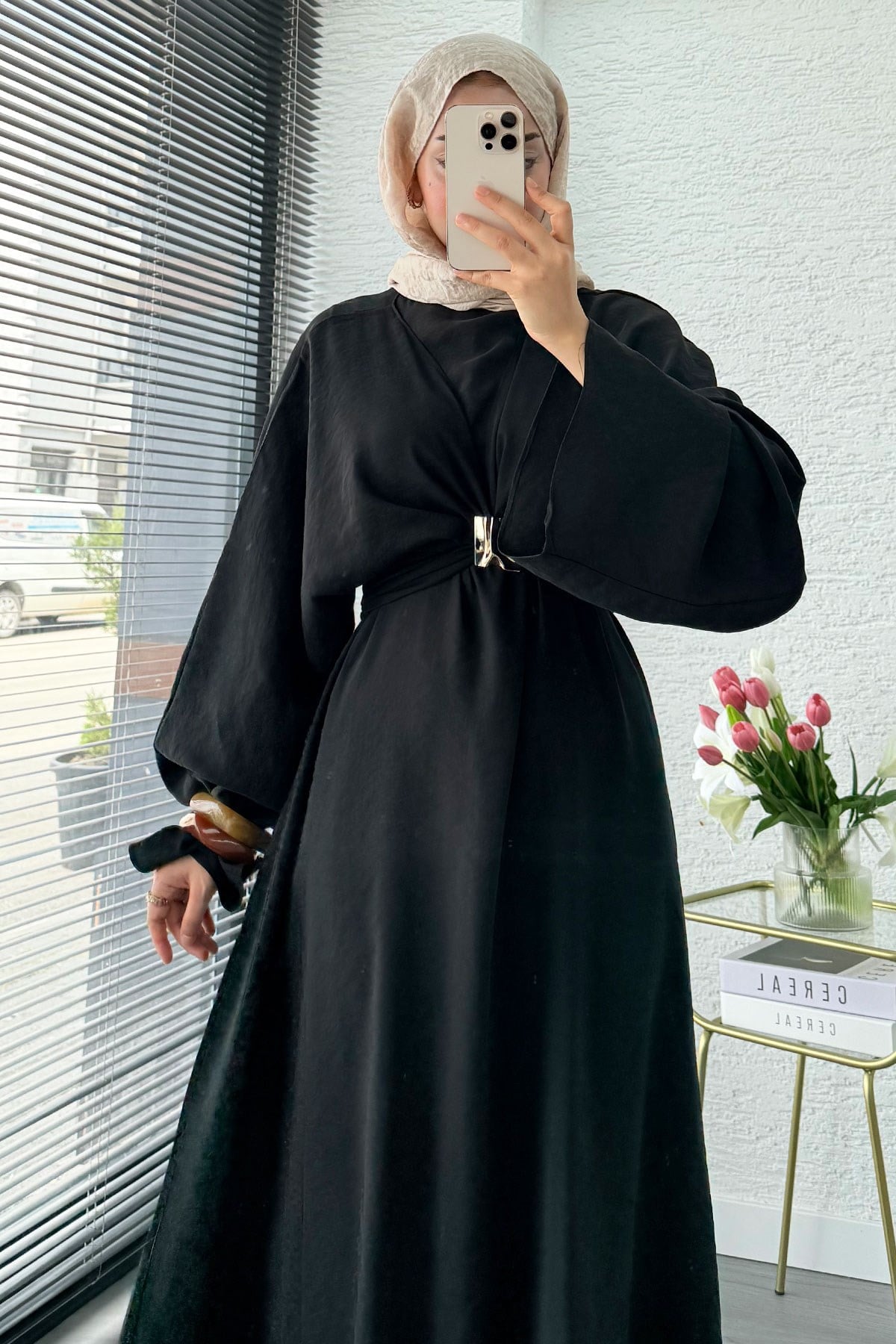 Premium Bronş Detaylı Modal Kimono Elbise - Siyah
