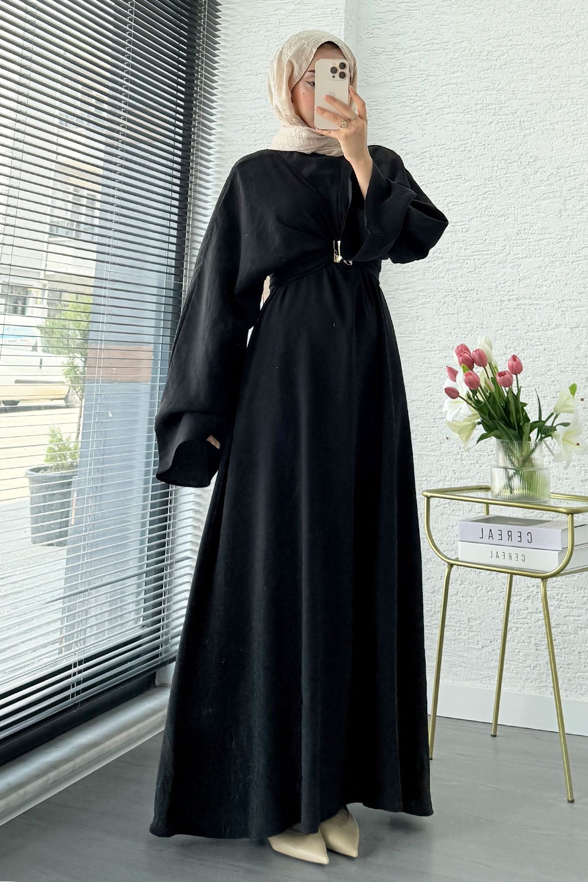 Premium Bronş Detaylı Modal Kimono Elbise - Siyah