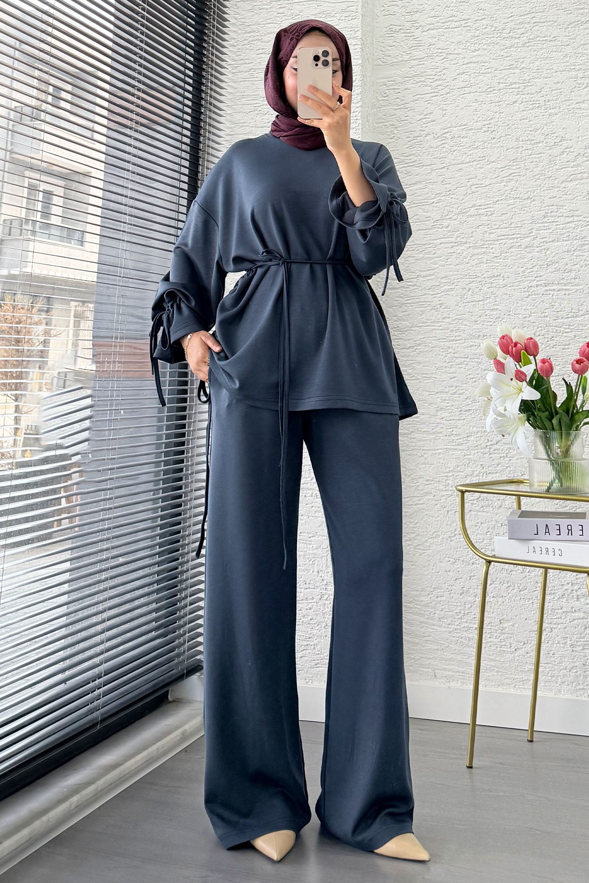 Premium Büzgü Detaylı Double Face Pantolon Takım - Antrasit