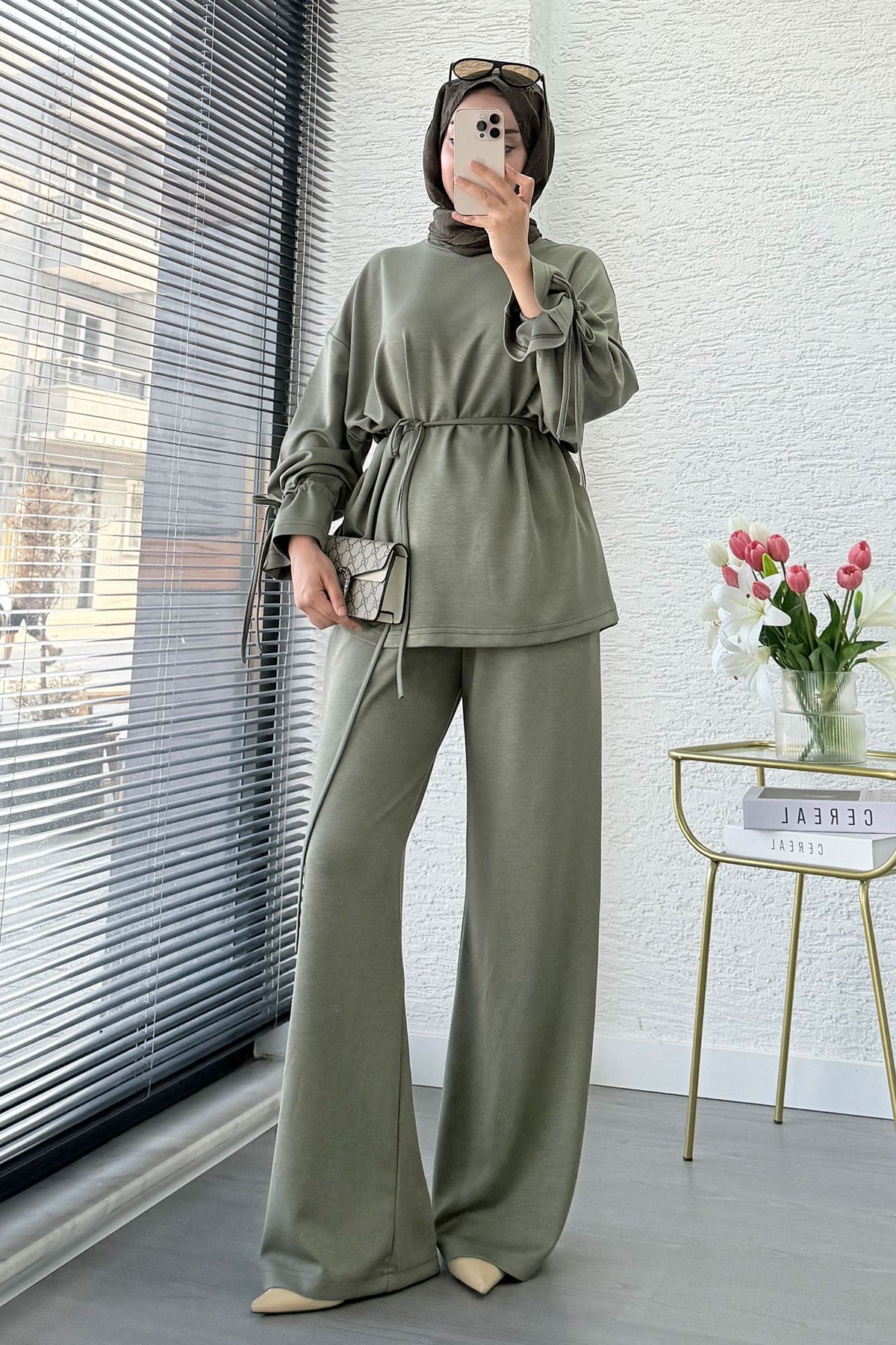 Premium Büzgü Detaylı Double Face Pantolon Takım - Haki