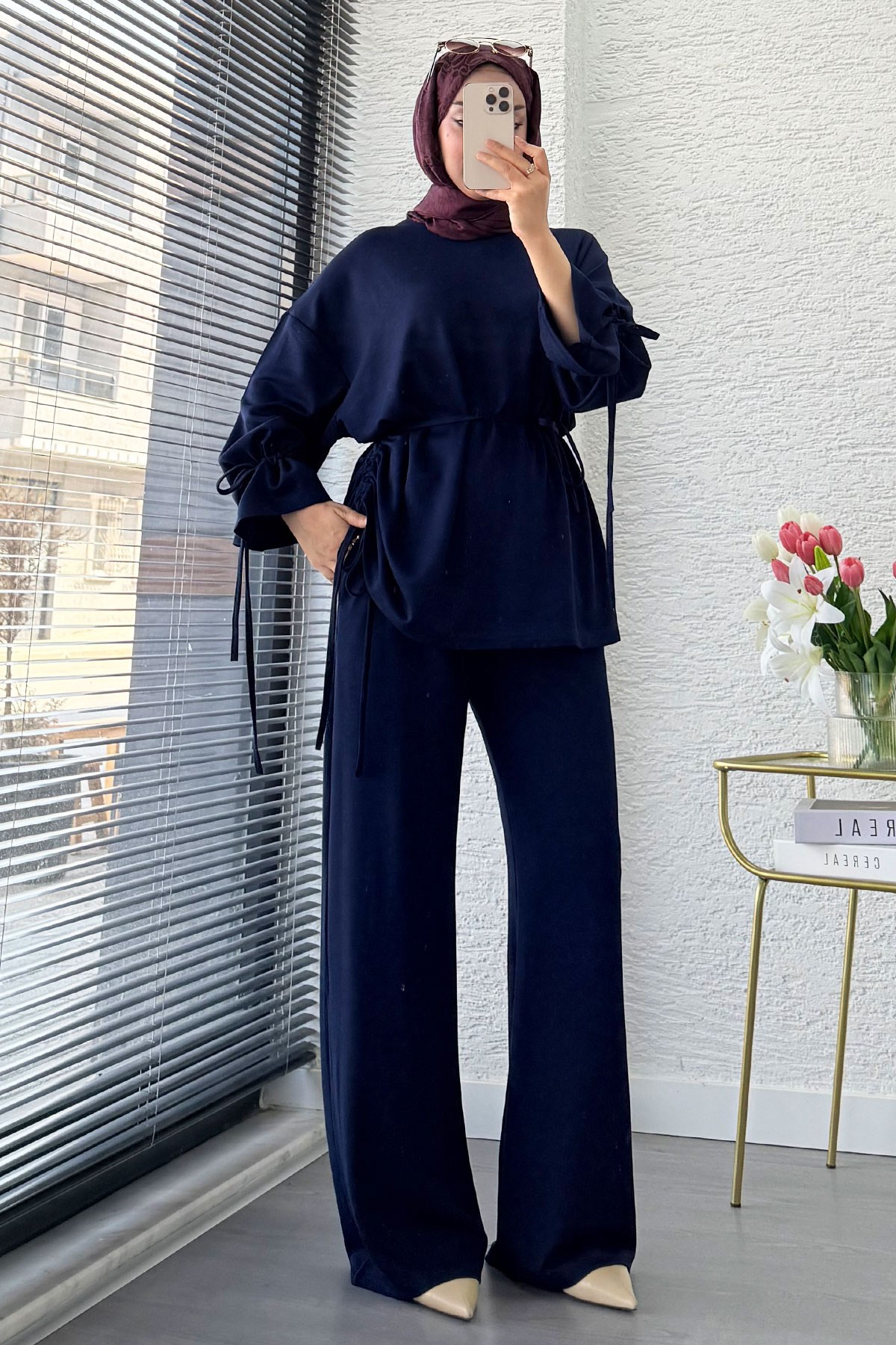 Premium Büzgü Detaylı Double Face Pantolon Takım - Lacivert