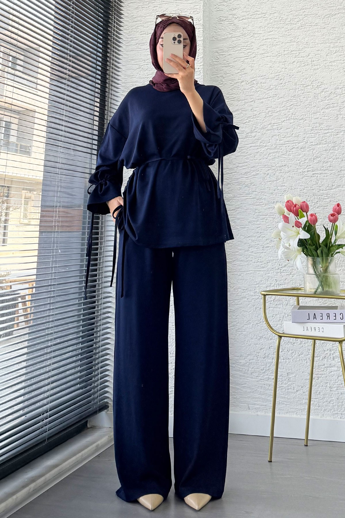 Premium Büzgü Detaylı Double Face Pantolon Takım - Lacivert