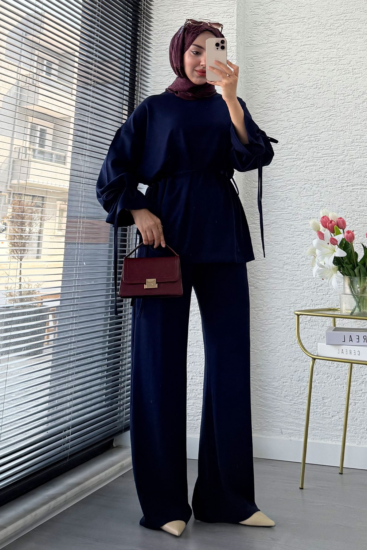 Premium Büzgü Detaylı Double Face Pantolon Takım - Lacivert