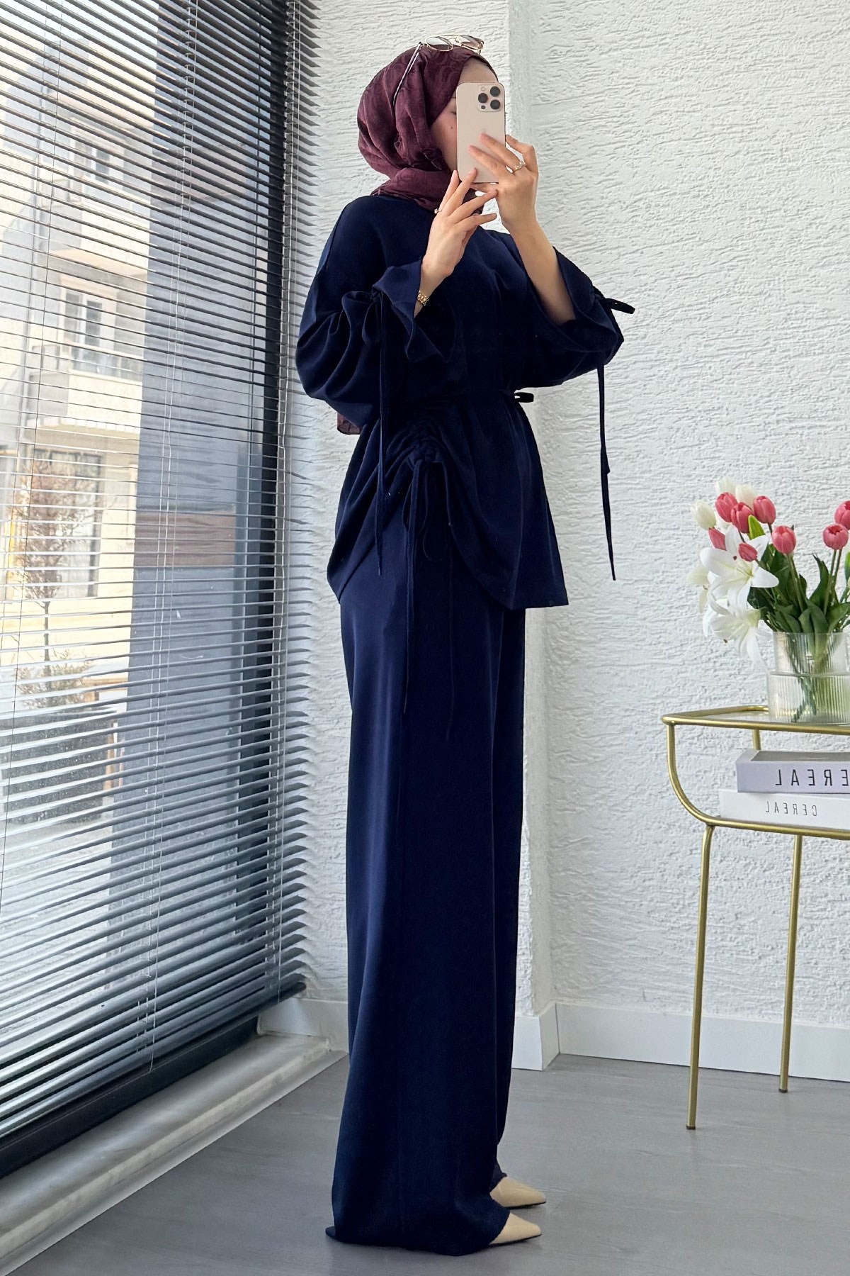 Premium Büzgü Detaylı Double Face Pantolon Takım - Lacivert