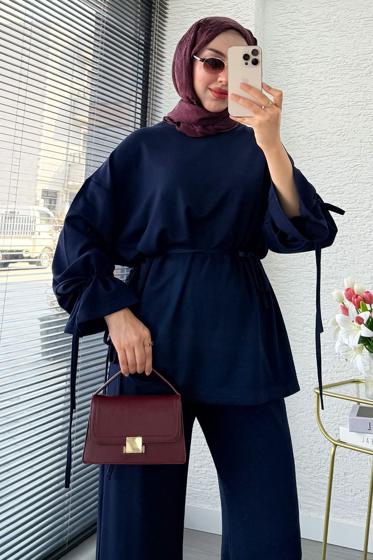 Premium Büzgü Detaylı Double Face Pantolon Takım - Lacivert